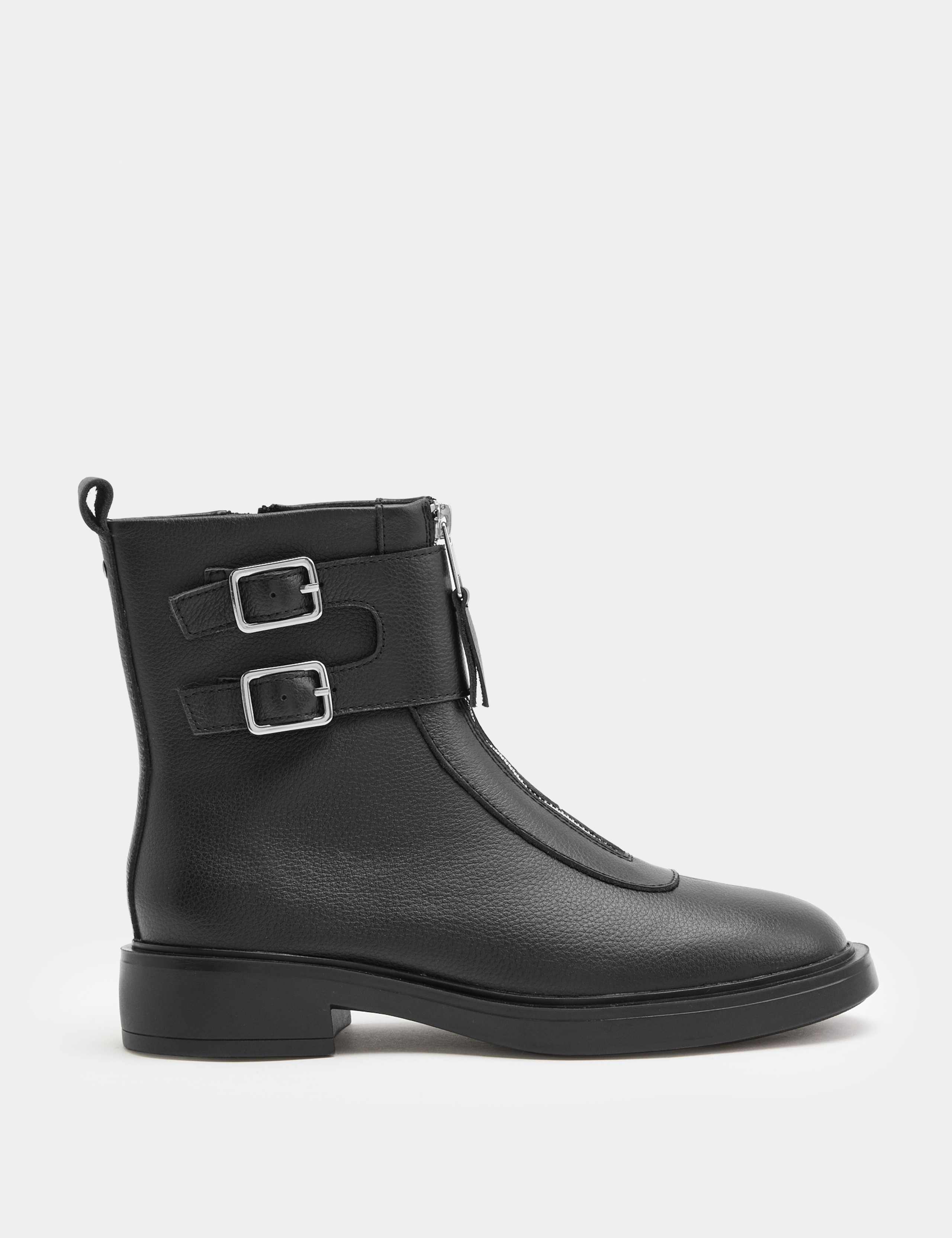 Leather Biker Buckle Block Heel Round Toe Boot