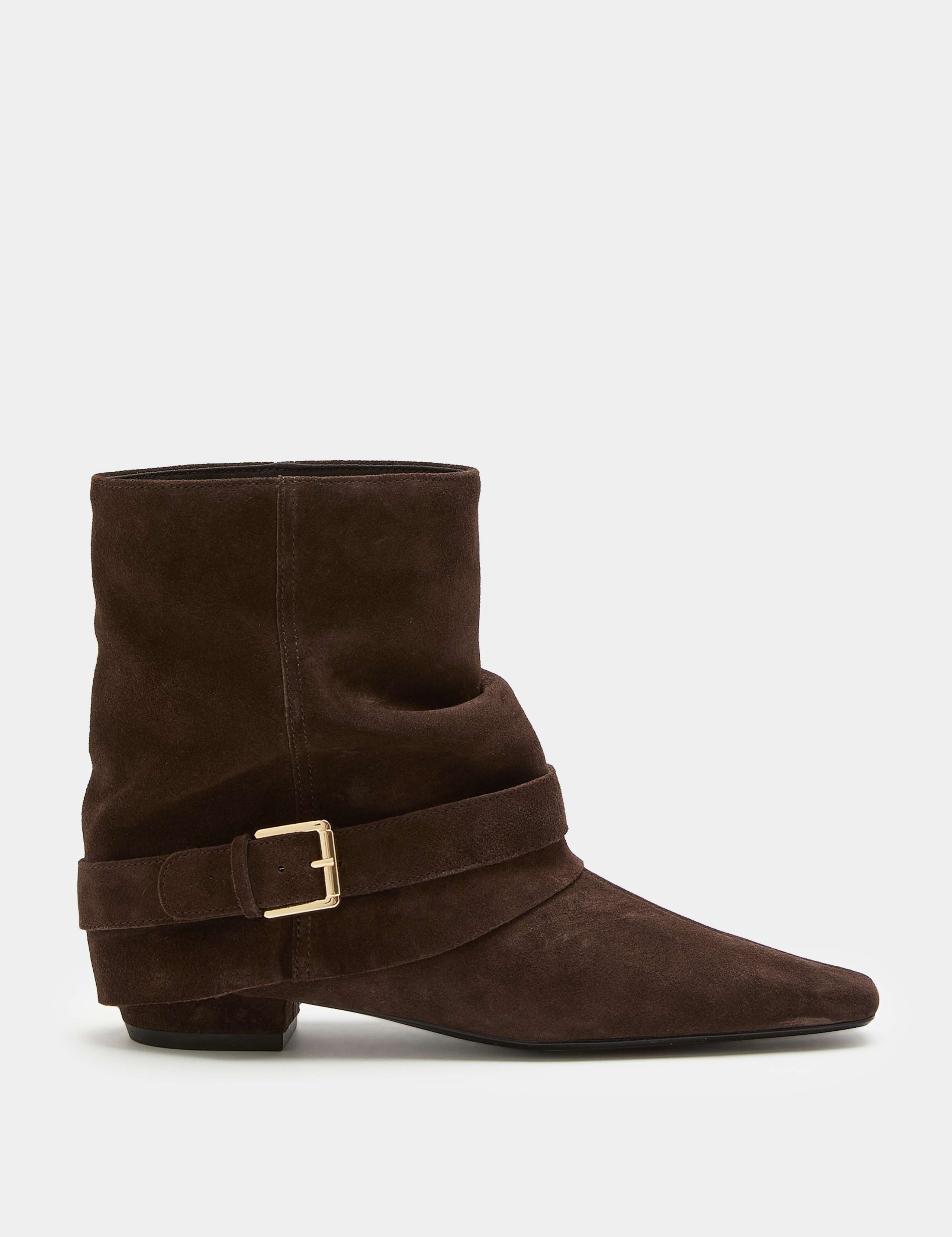 Suede Buckle Slouch Block Heel Ankle Boots