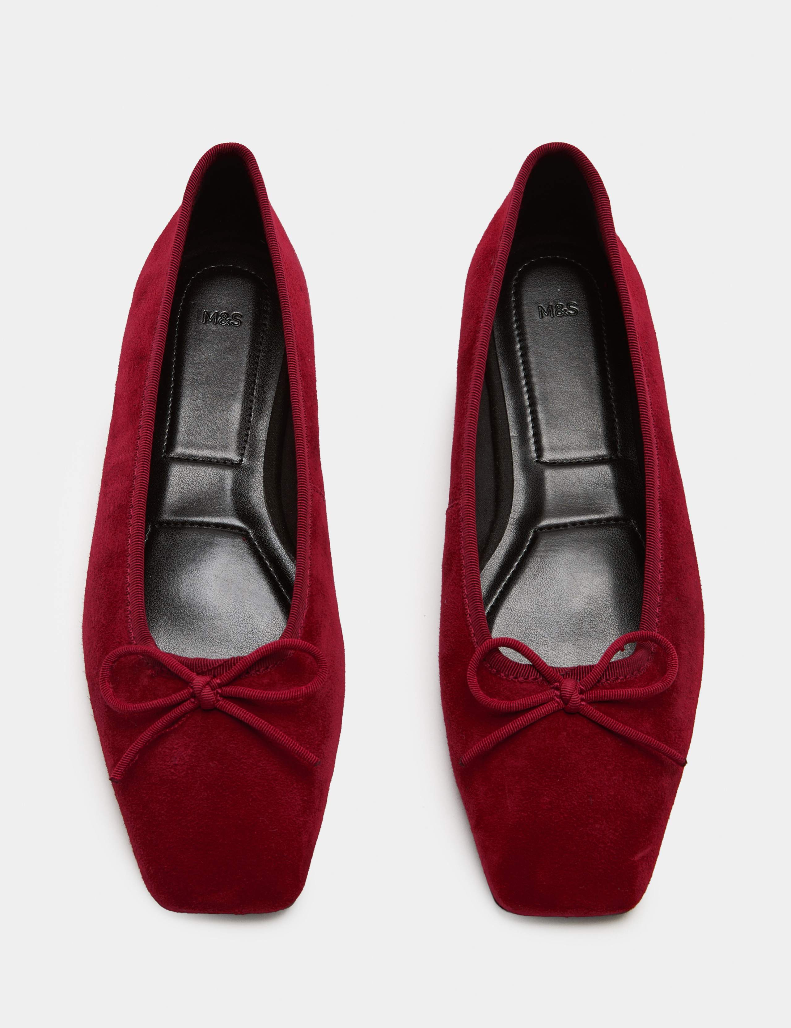 Suede Bow Square Toe Ballet Pumps