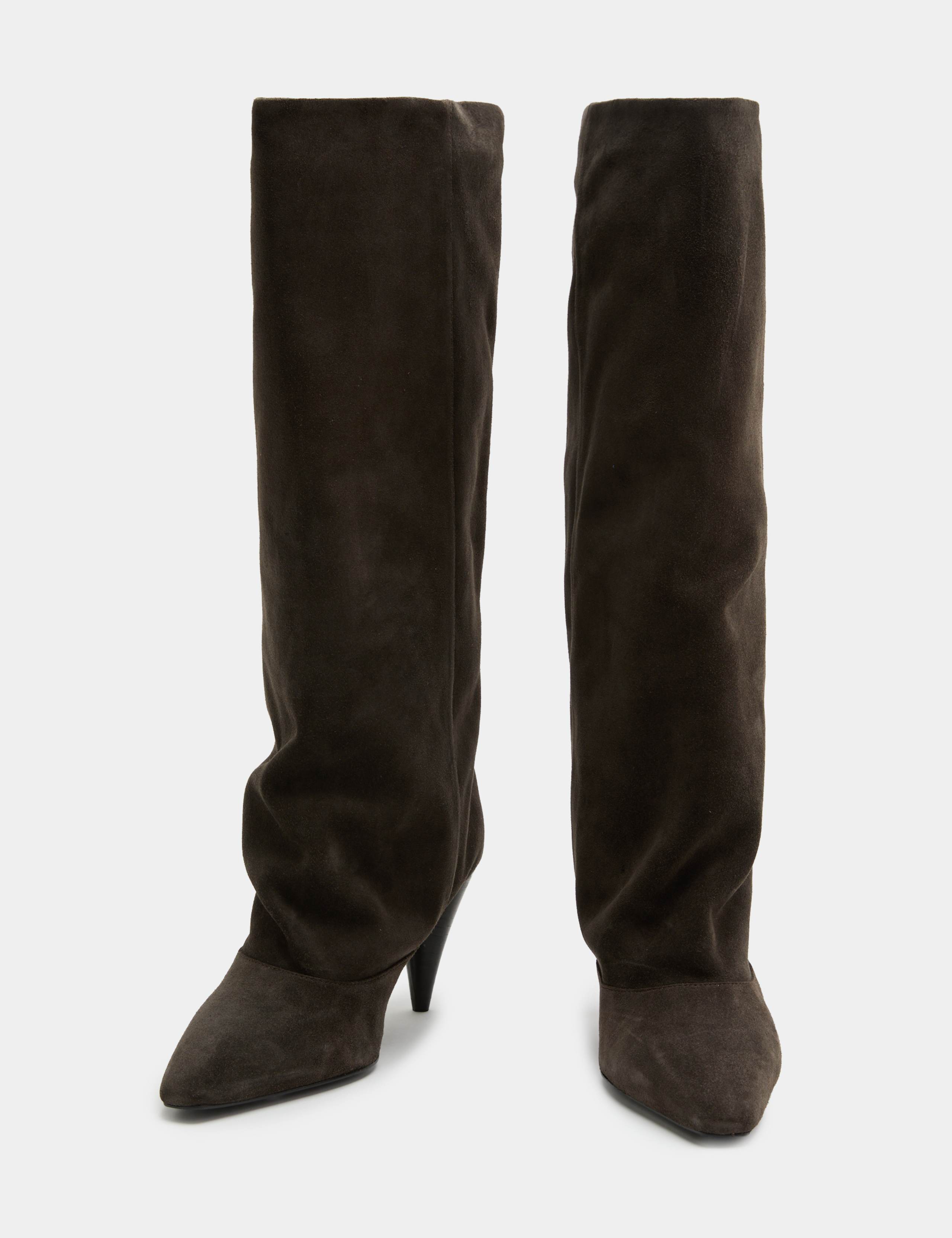 Suede Ruched Stiletto Heel Knee High Boots