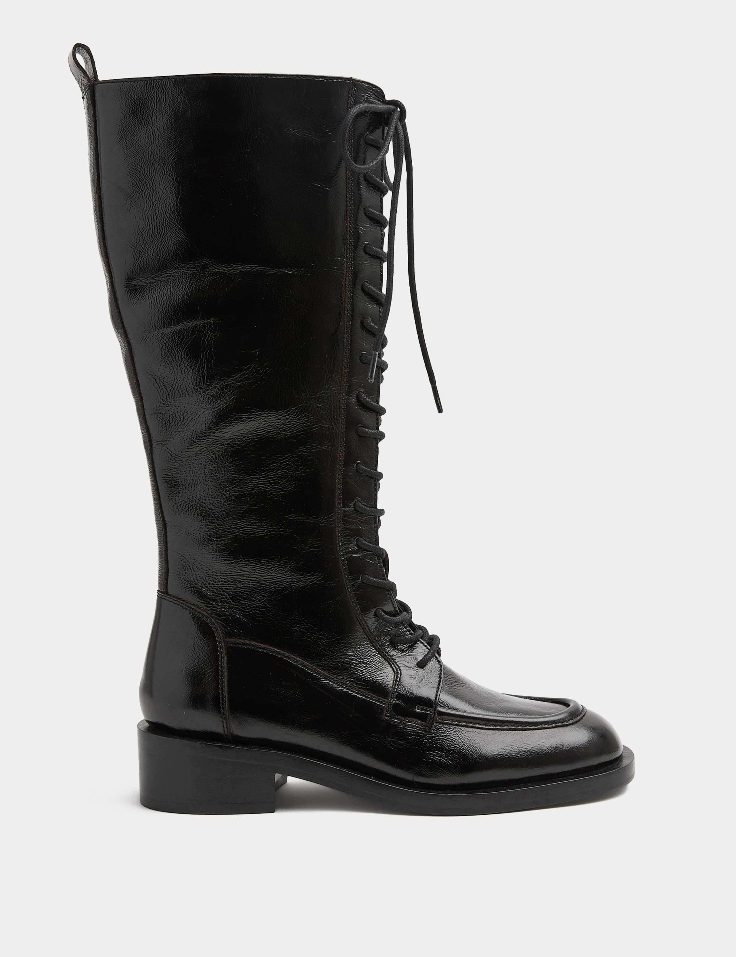 Patent Leather Lace Up Knee High Boot