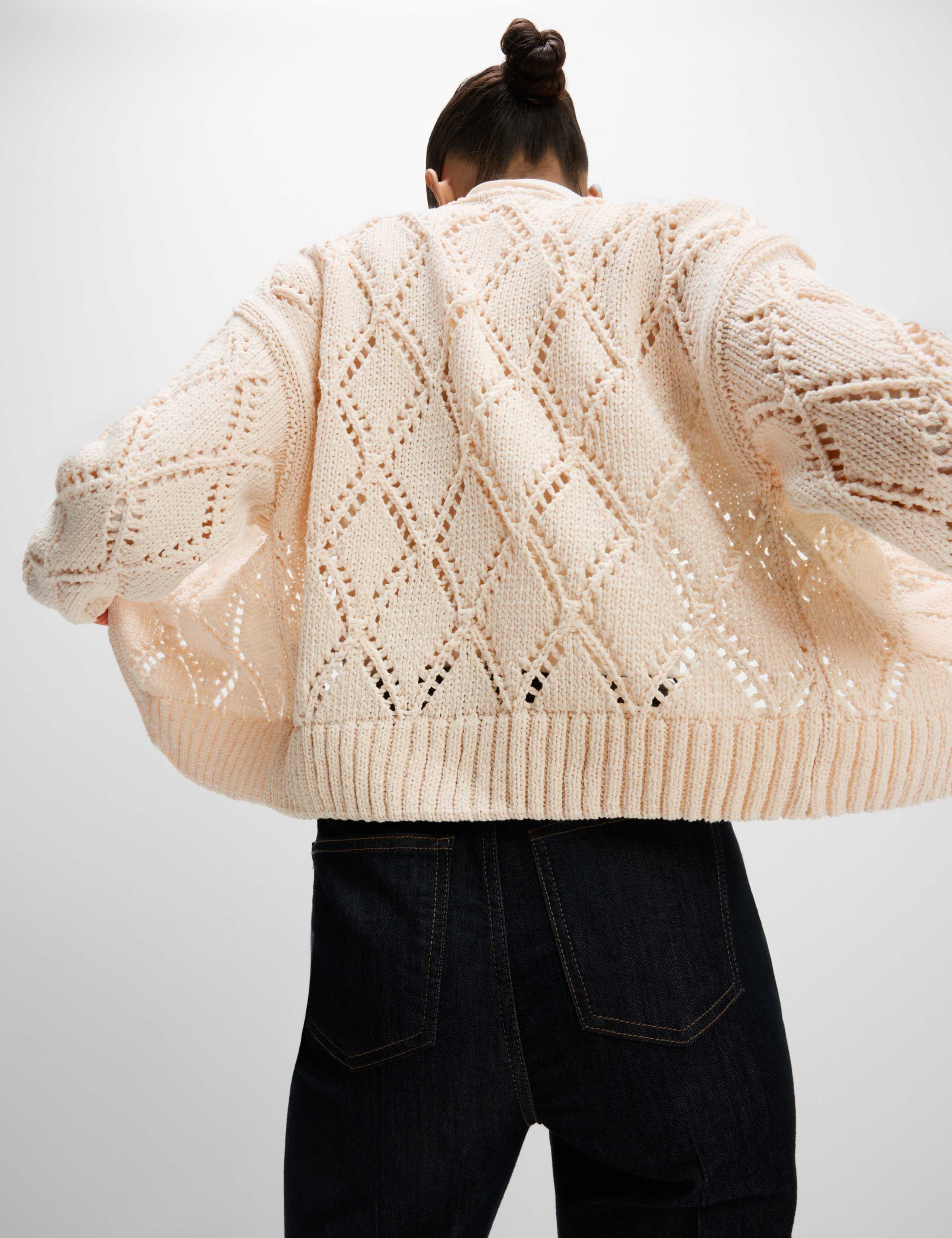 Cotton Blend Open Stitch Cropped Cardigan
