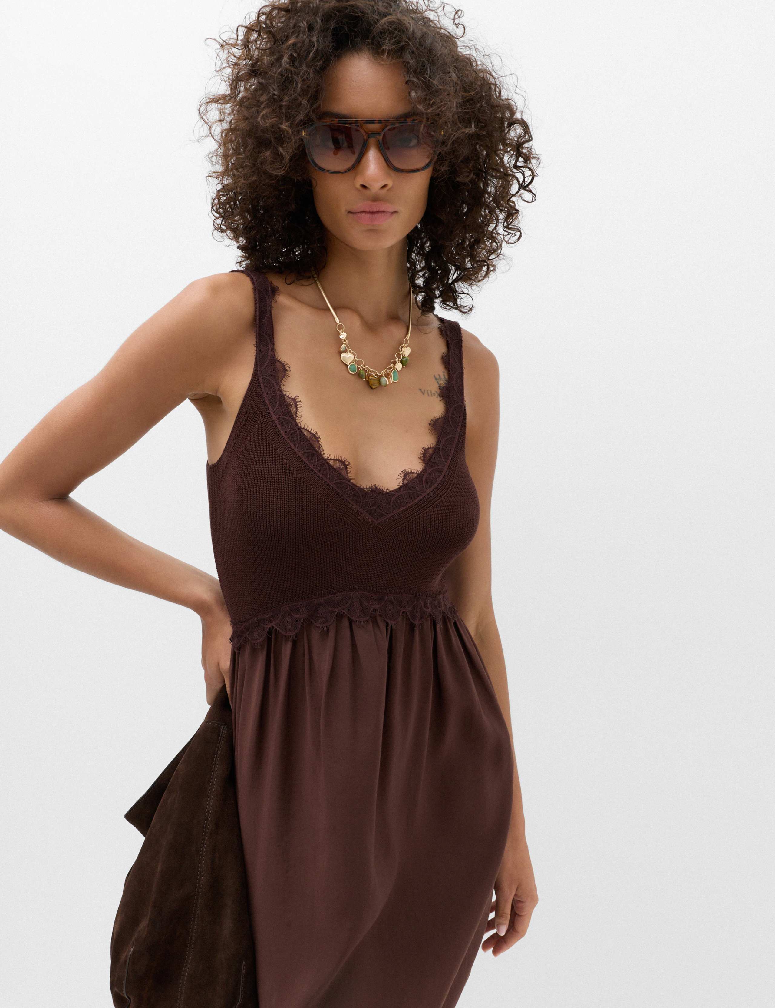 Textured Lace Detail Mini Knitted Dress