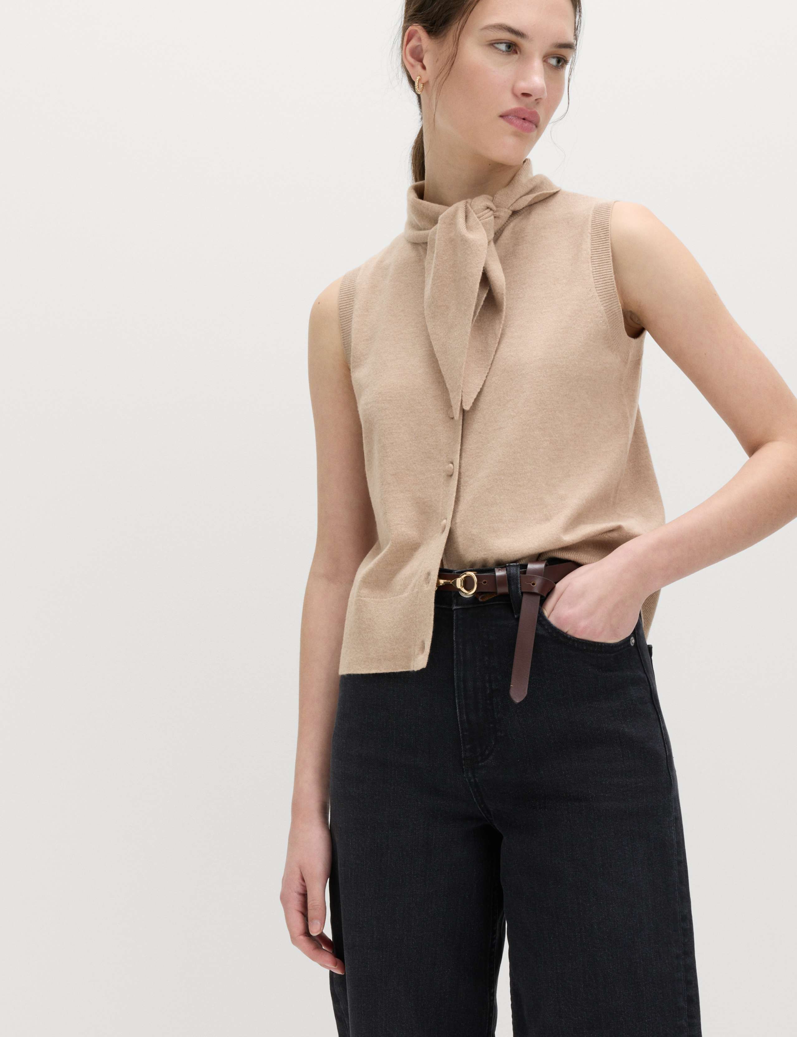 Tie Neck Button Through Knitted Waistcoat