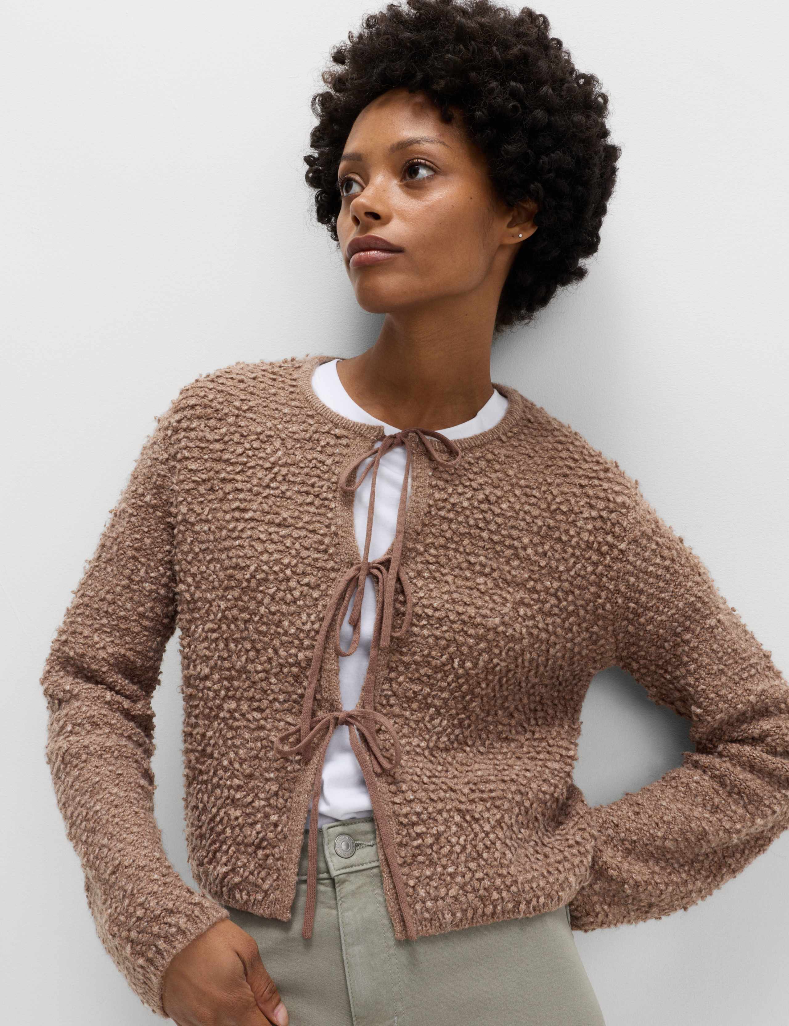 Textured Tie Front Cardigan with Wool