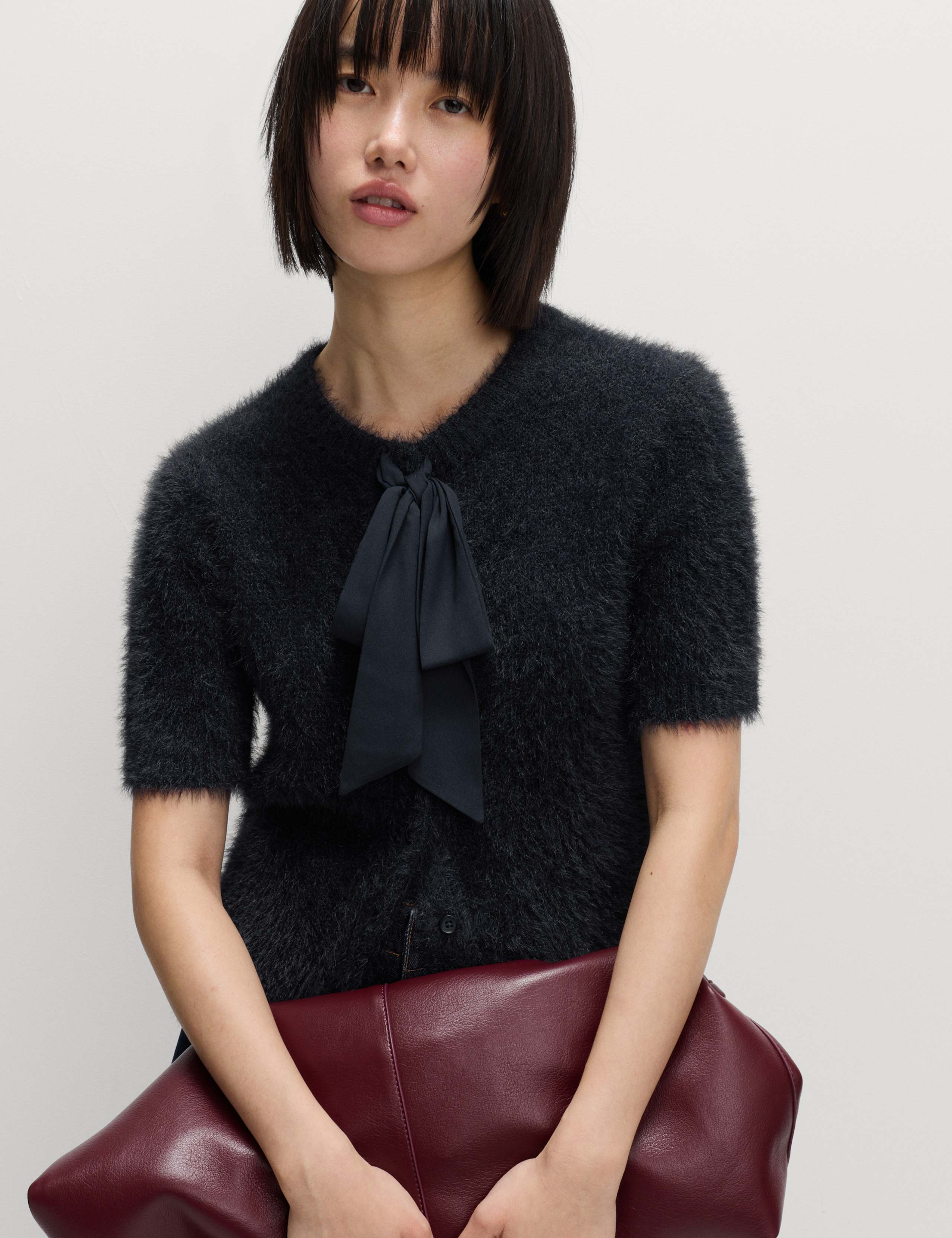 Fuzzy Crew Neck Bow Cardigan