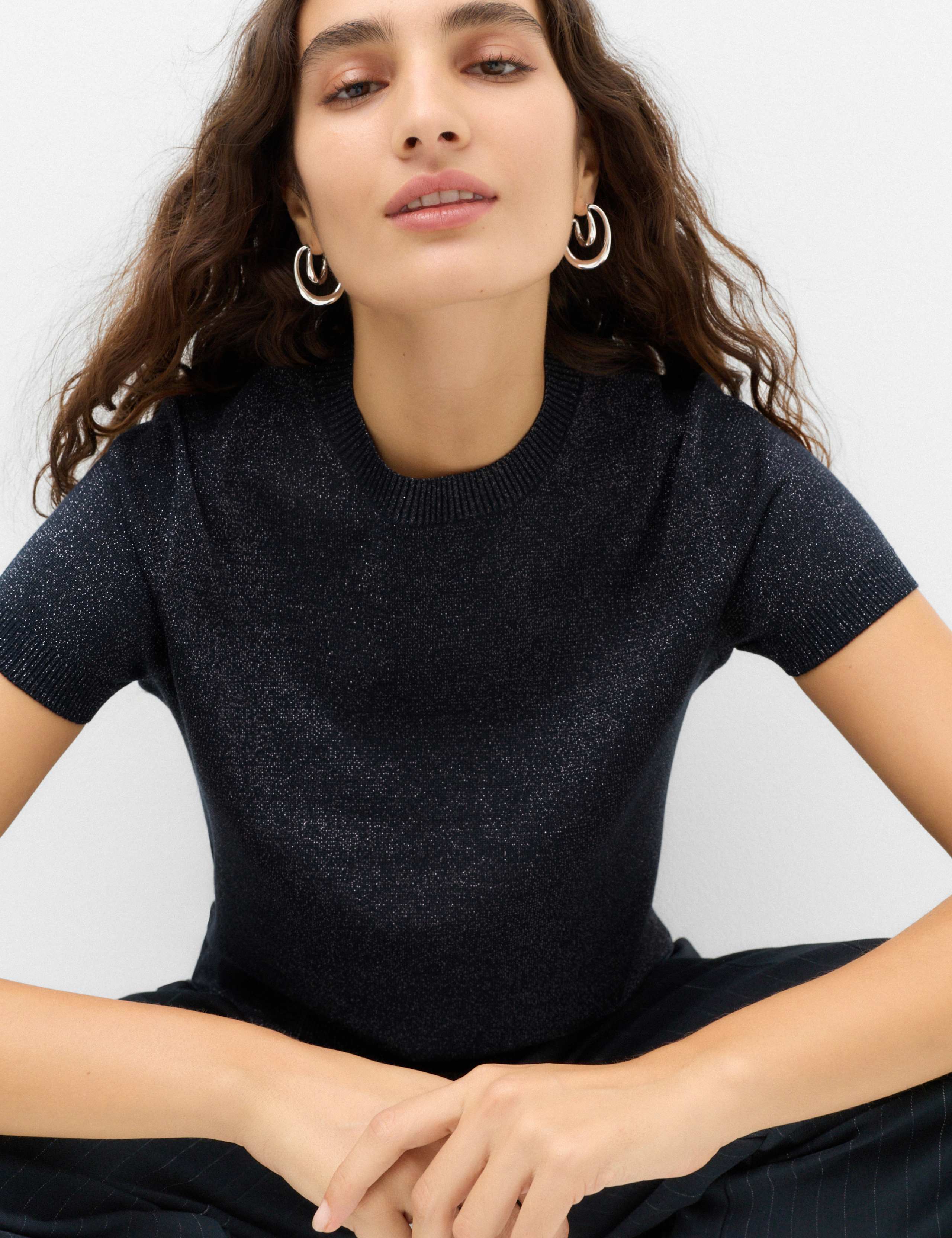 Sparkly Crew Neck Slim Fit Knitted Top