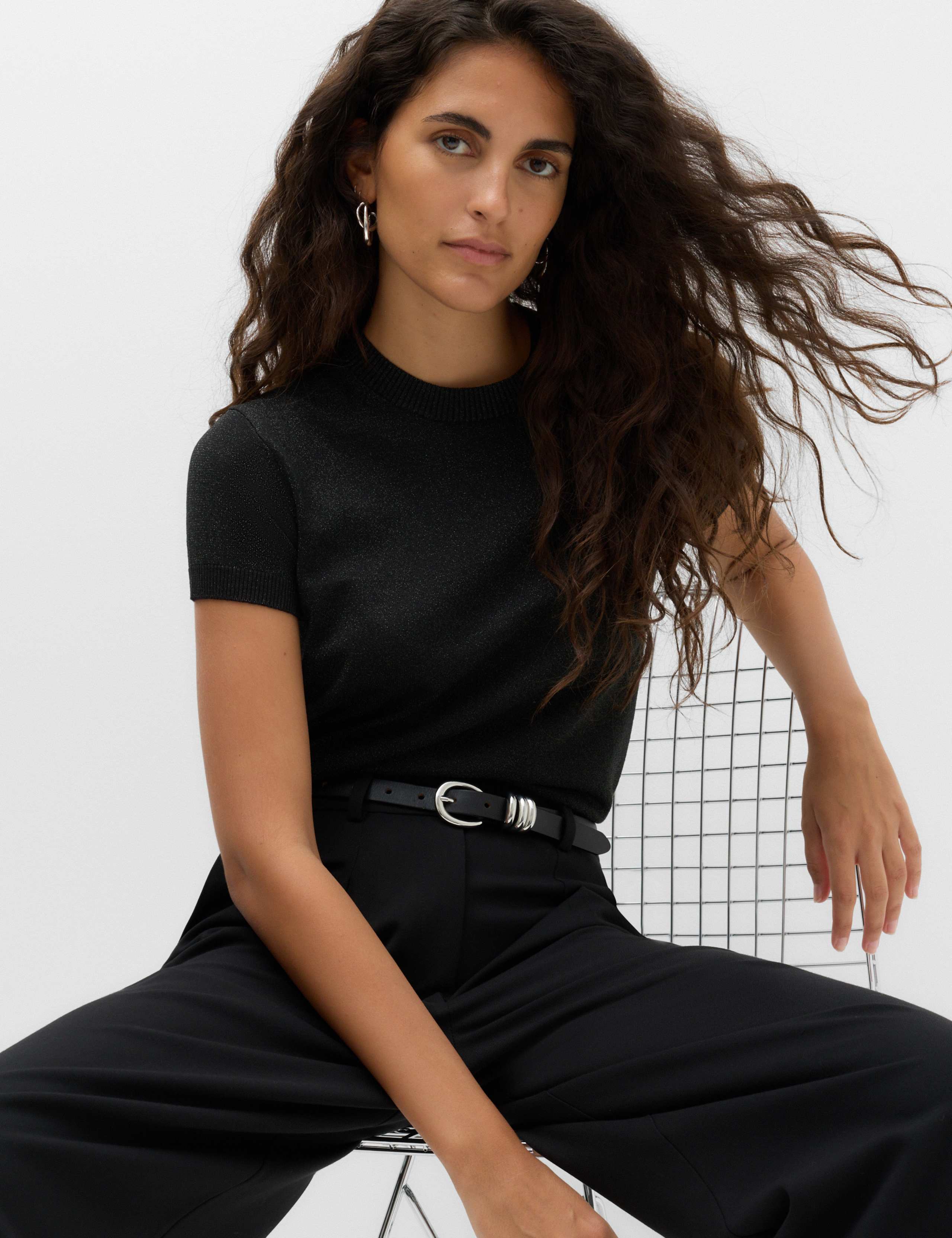 Sparkly Crew Neck Slim Fit Knitted Top