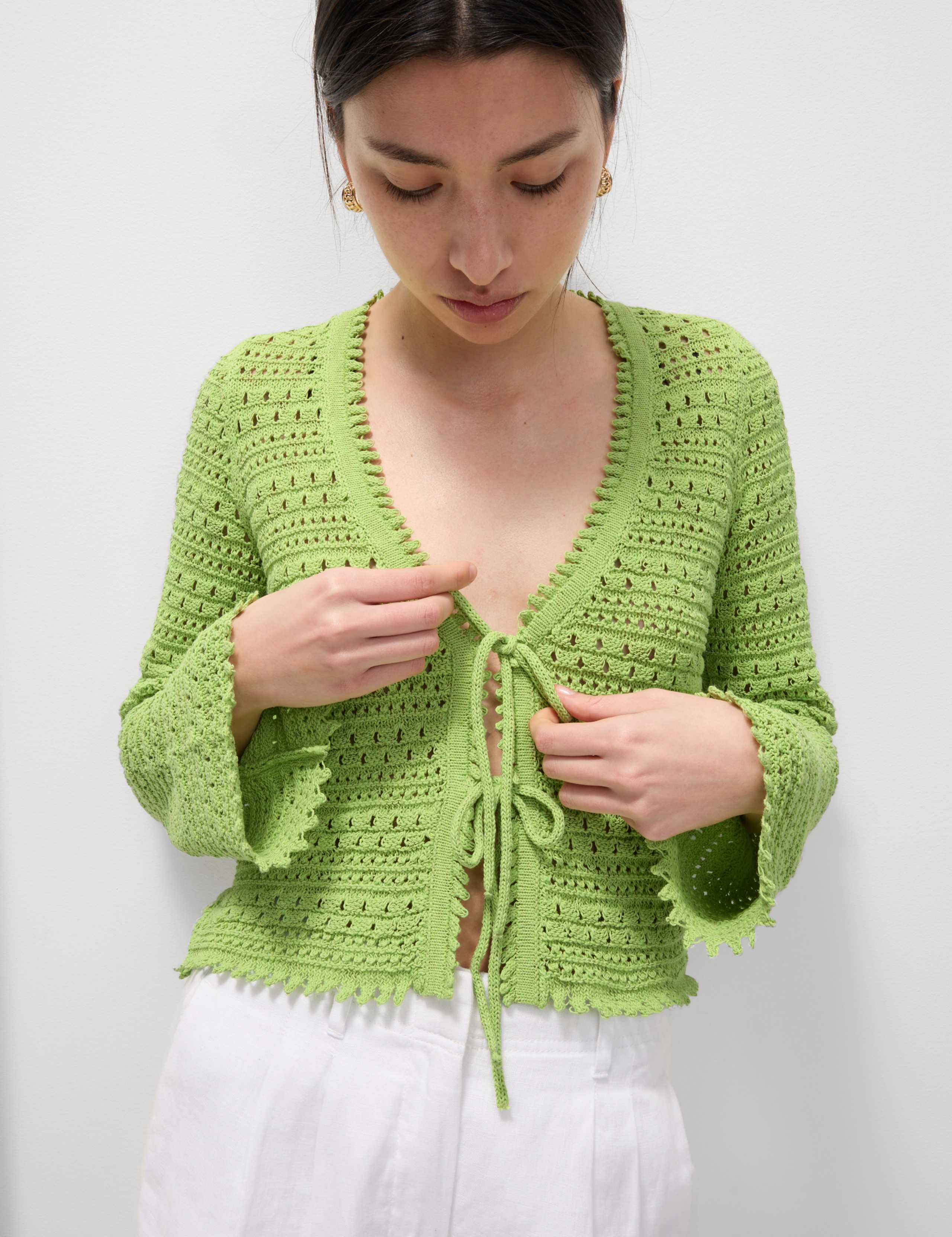 Cotton Blend Pointelle V-Neck Tie Front Cropped Cardigan