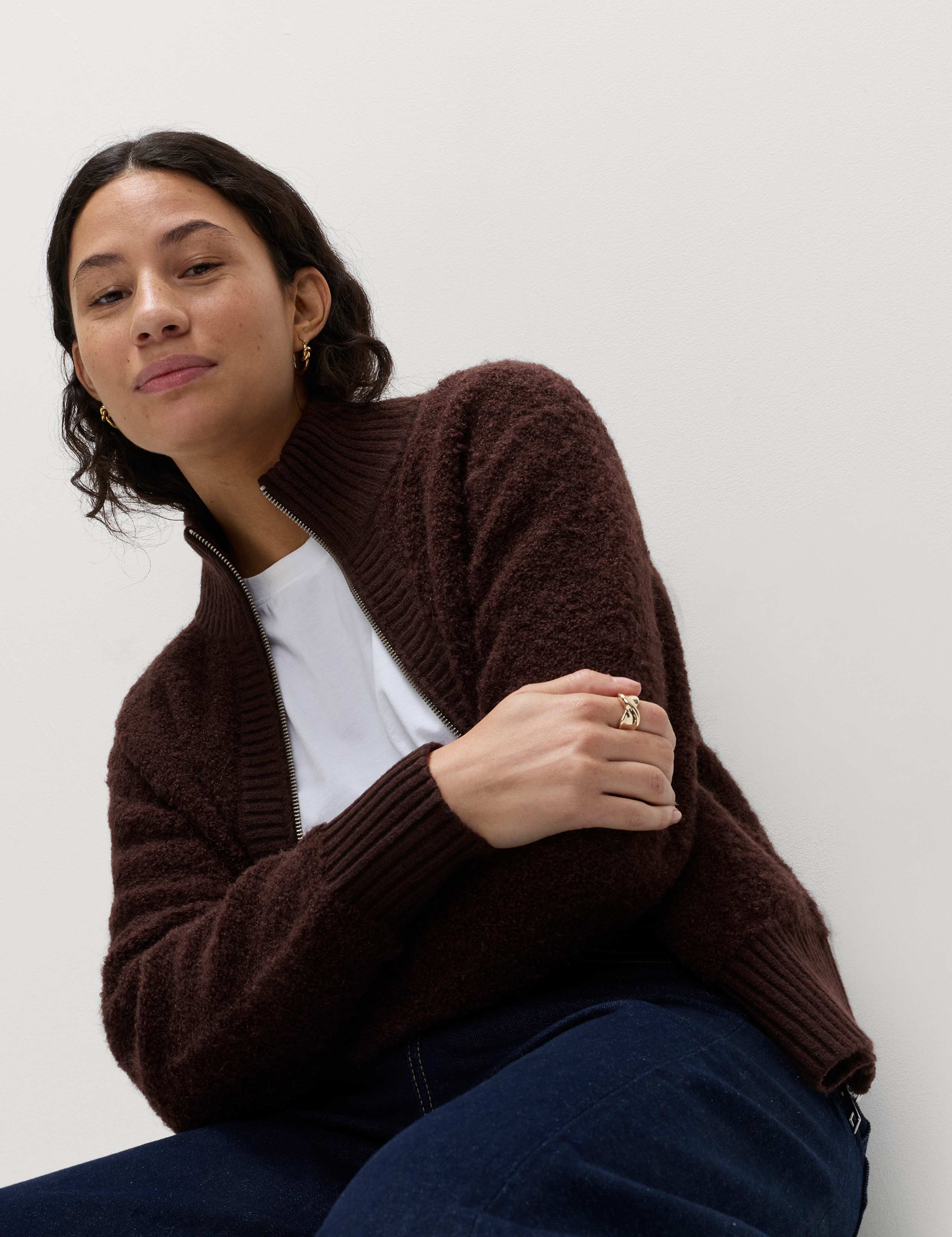 Boucle Funnel Neck Bomber Cardigan with Wool