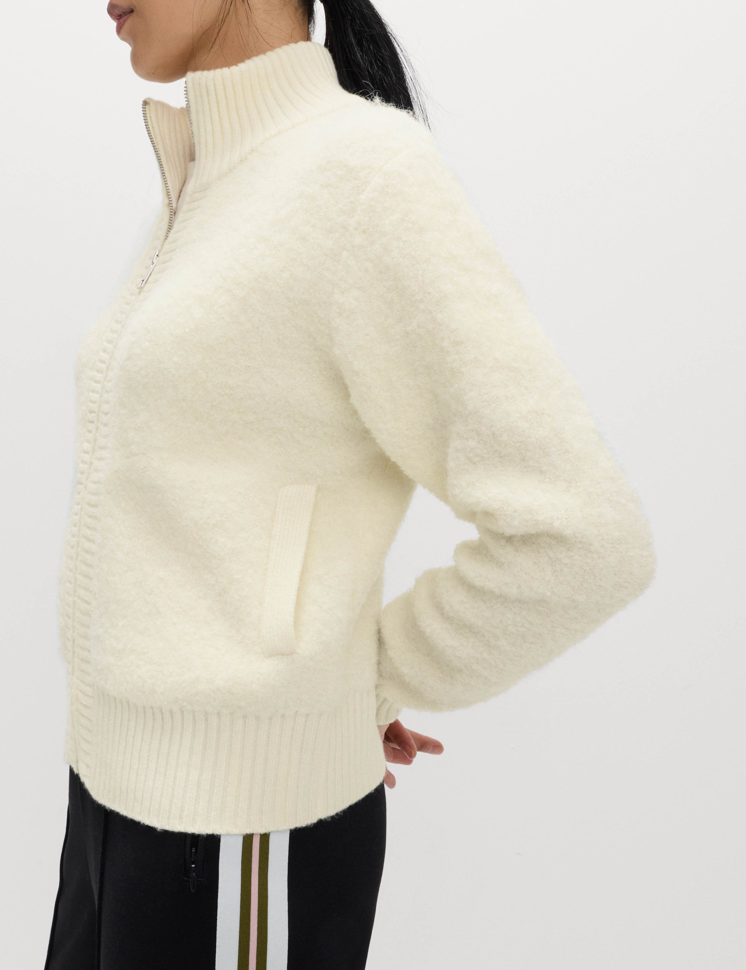 Boucle Funnel Neck Bomber Cardigan with Wool