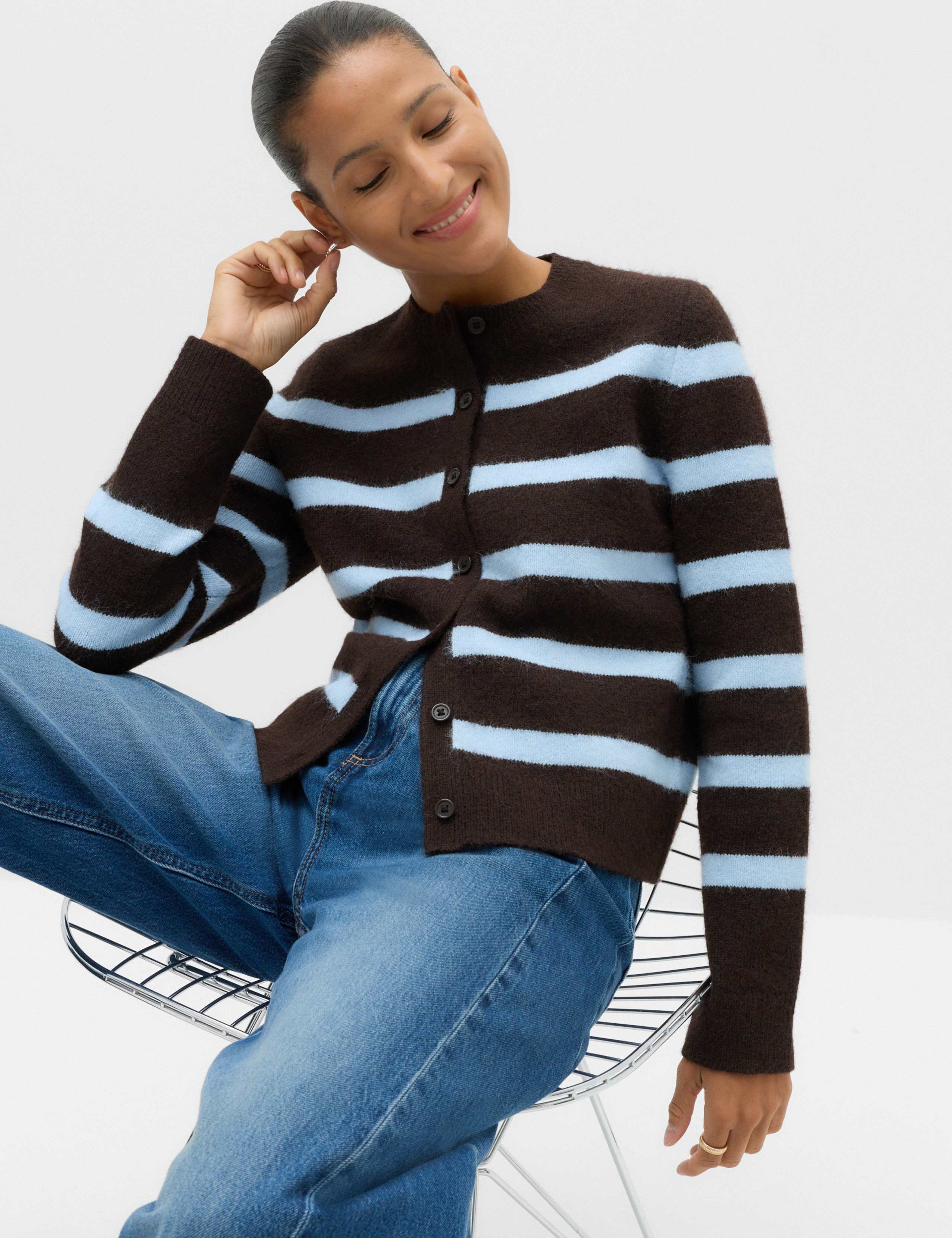 Striped Crew Neck Button Front Slim Fit Cardigan with Wool