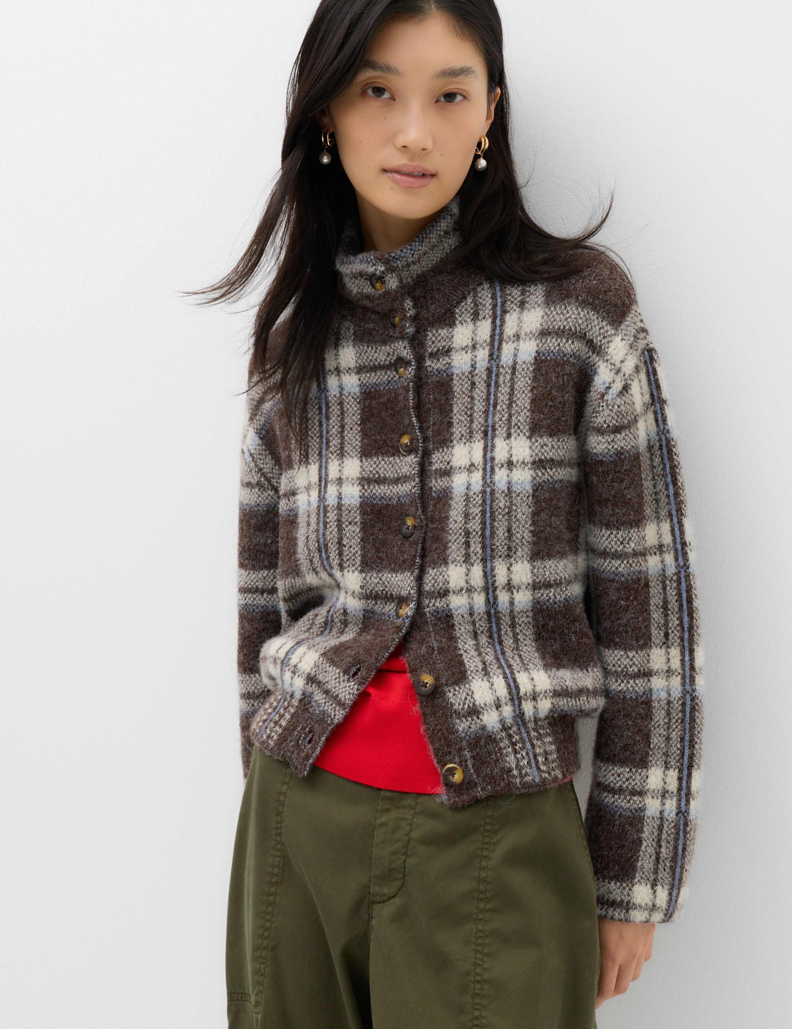 Checked Funnel Neck Relaxed Fit Knitted Jacket