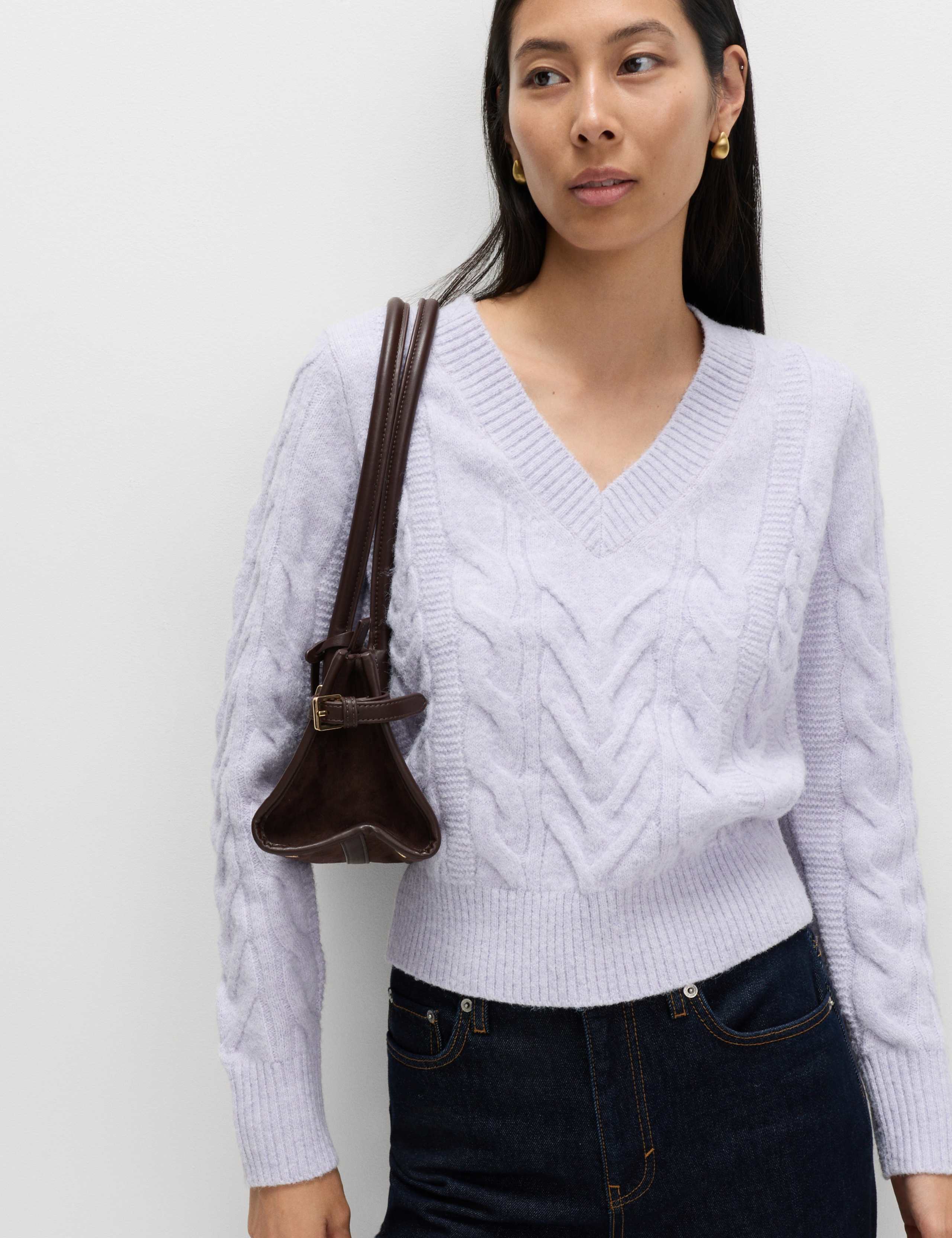 Textured Cable Knit V-Neck Jumper with Wool
