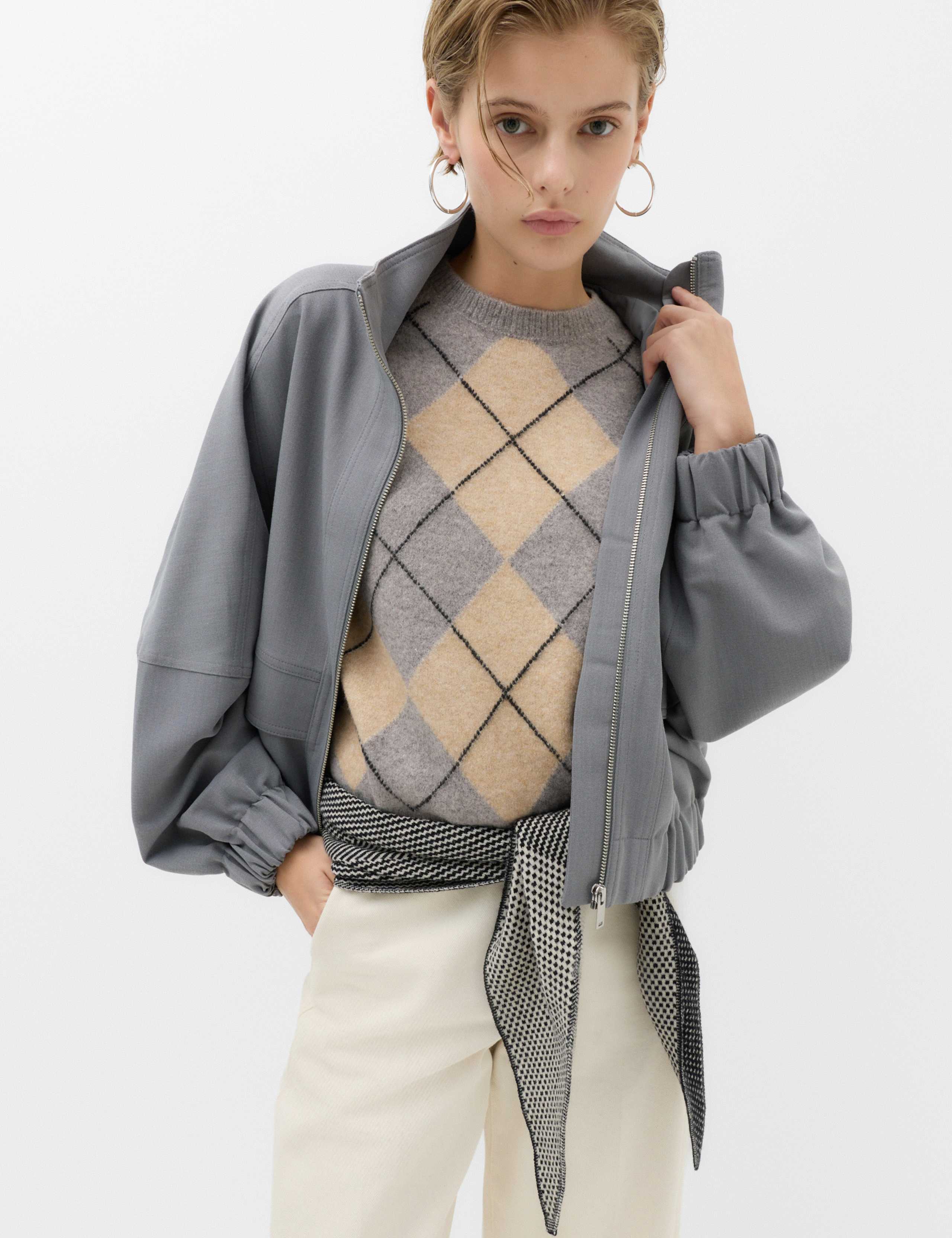 Argyle Crew Neck Slim Fit Knitted Top With Wool