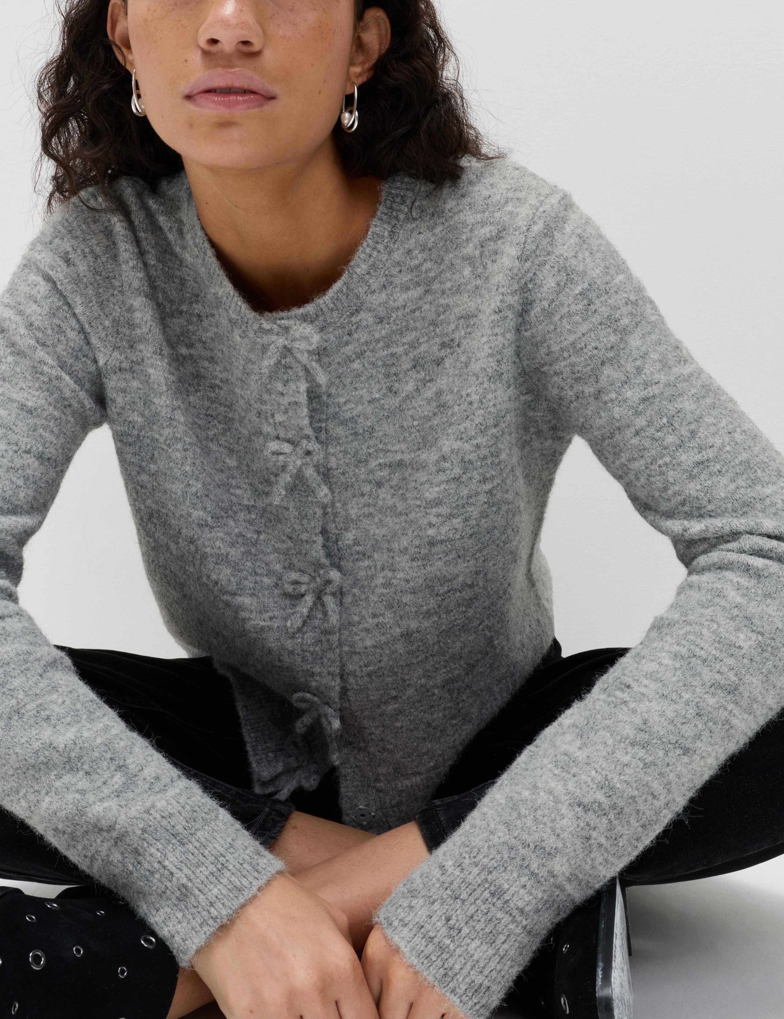 Bow Detail Cropped Cardigan With Wool