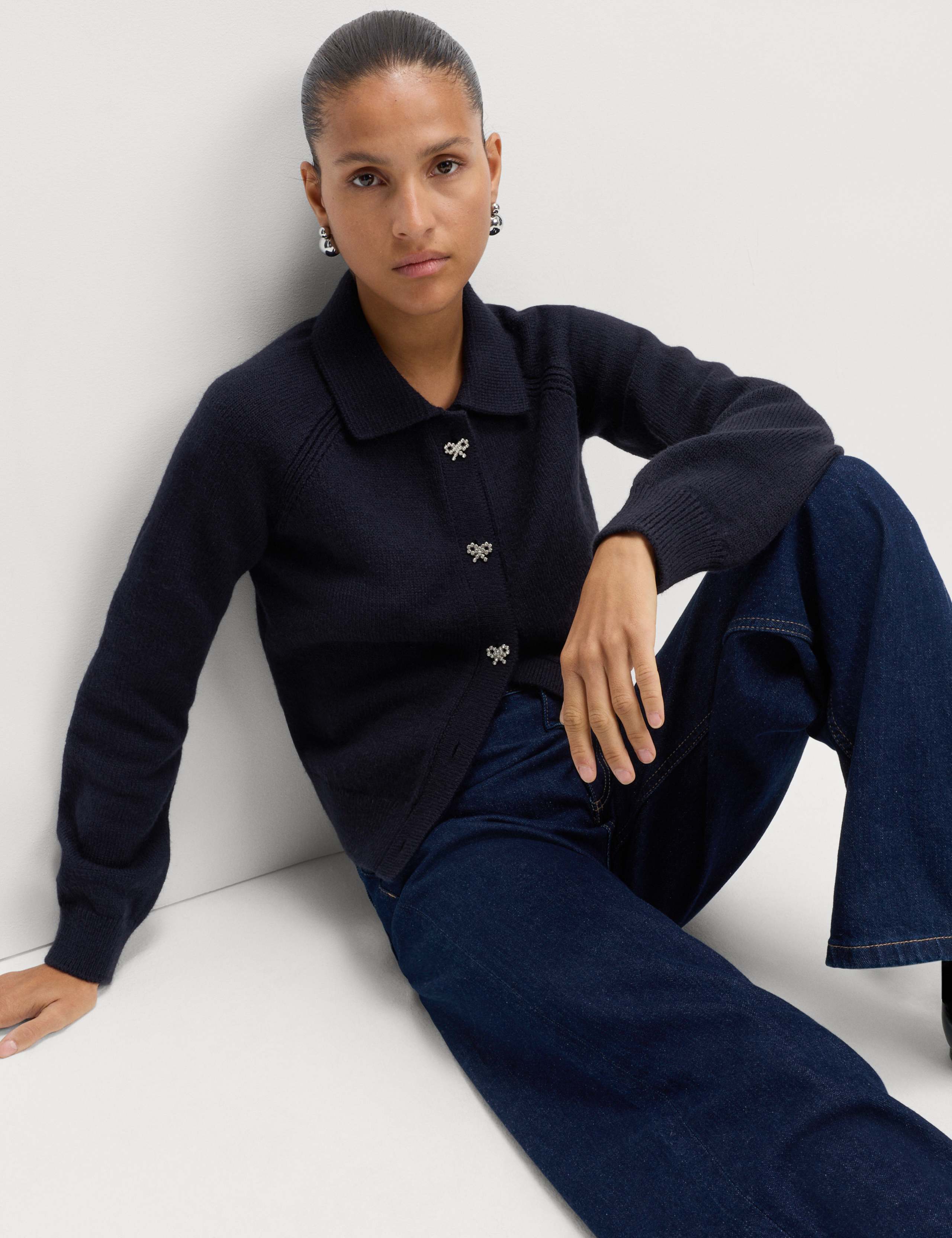 Embellished Collared Cardigan with Wool