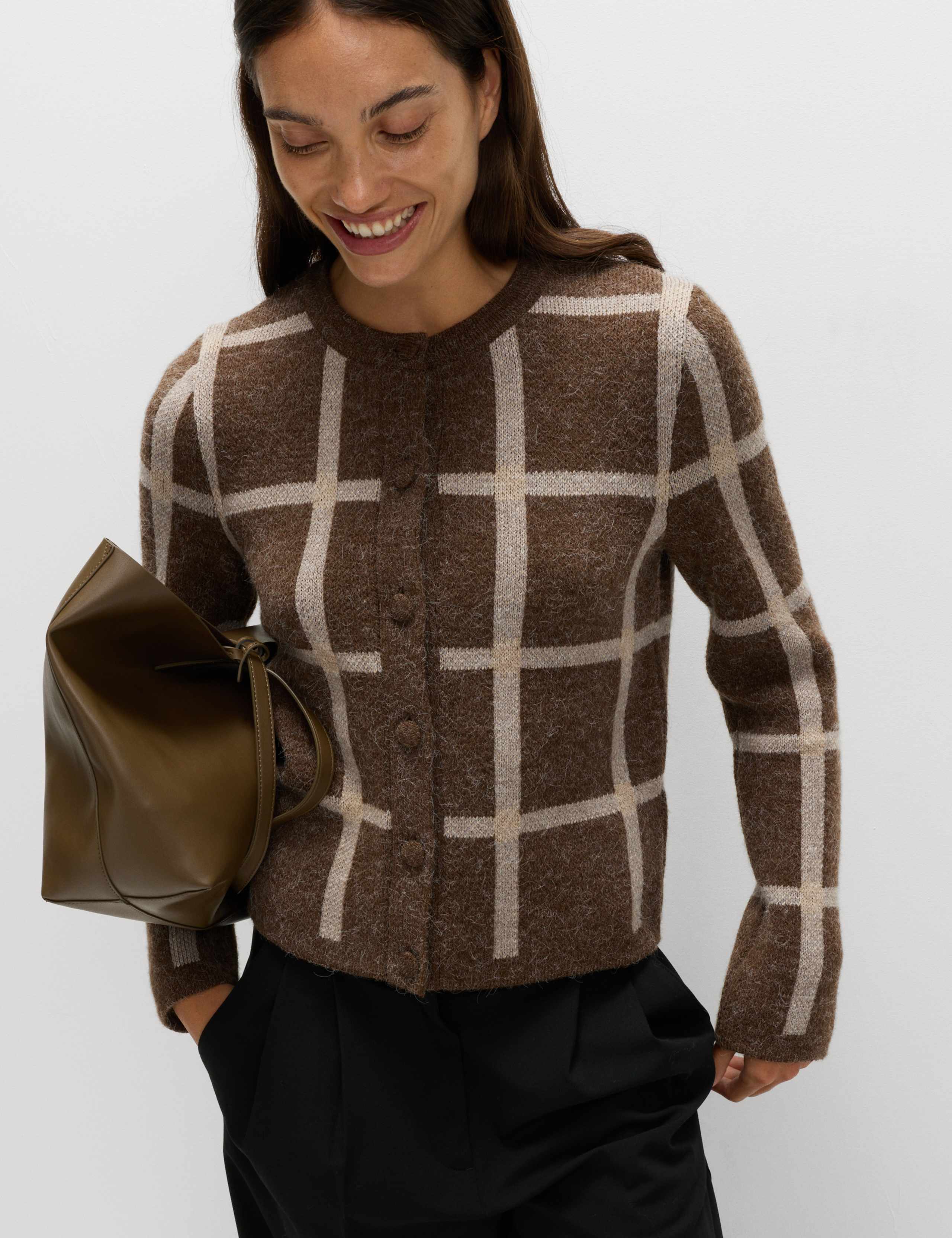Checked Crew Neck Cardigan With Wool