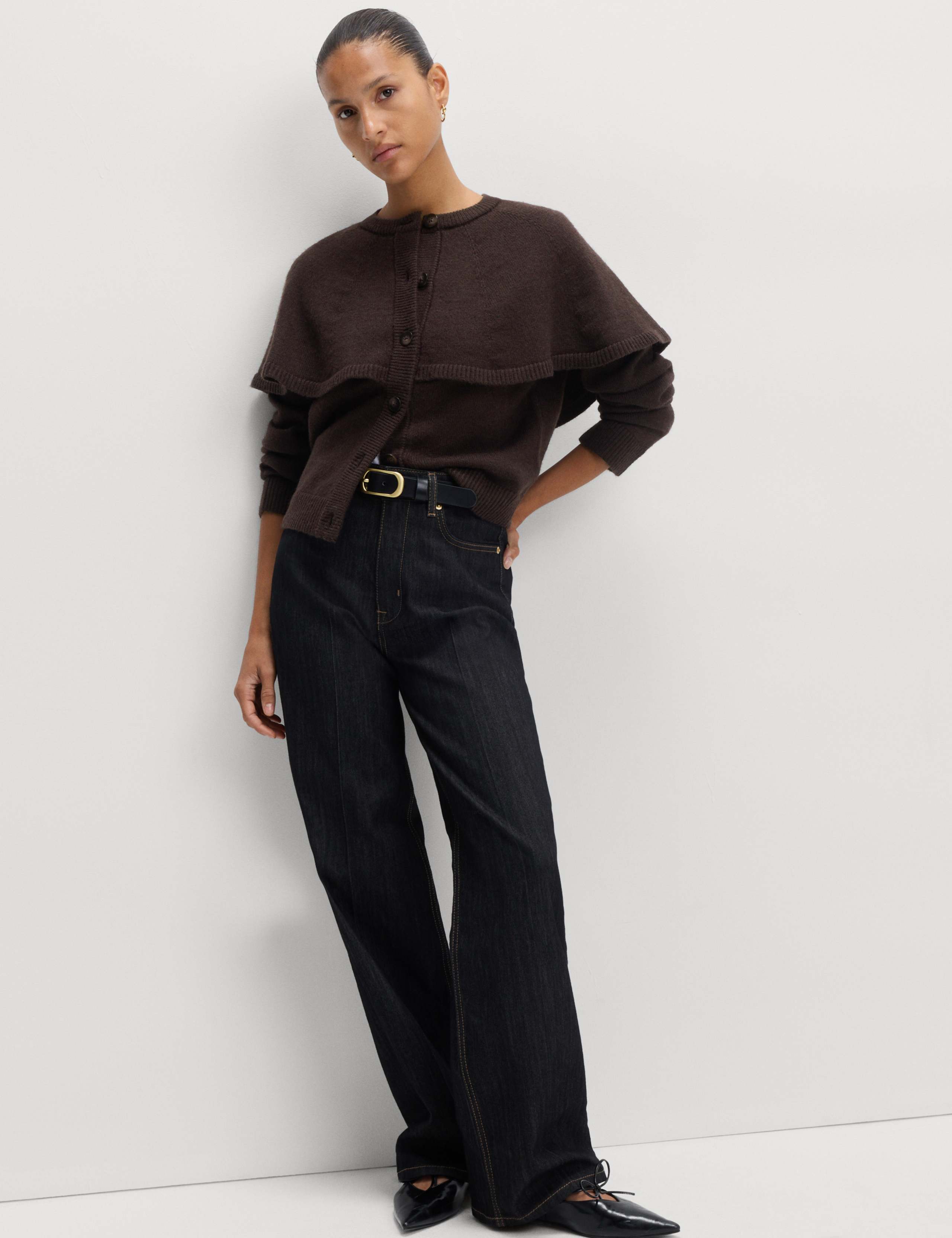 Wool Blend Crew Neck Cape Cardigan