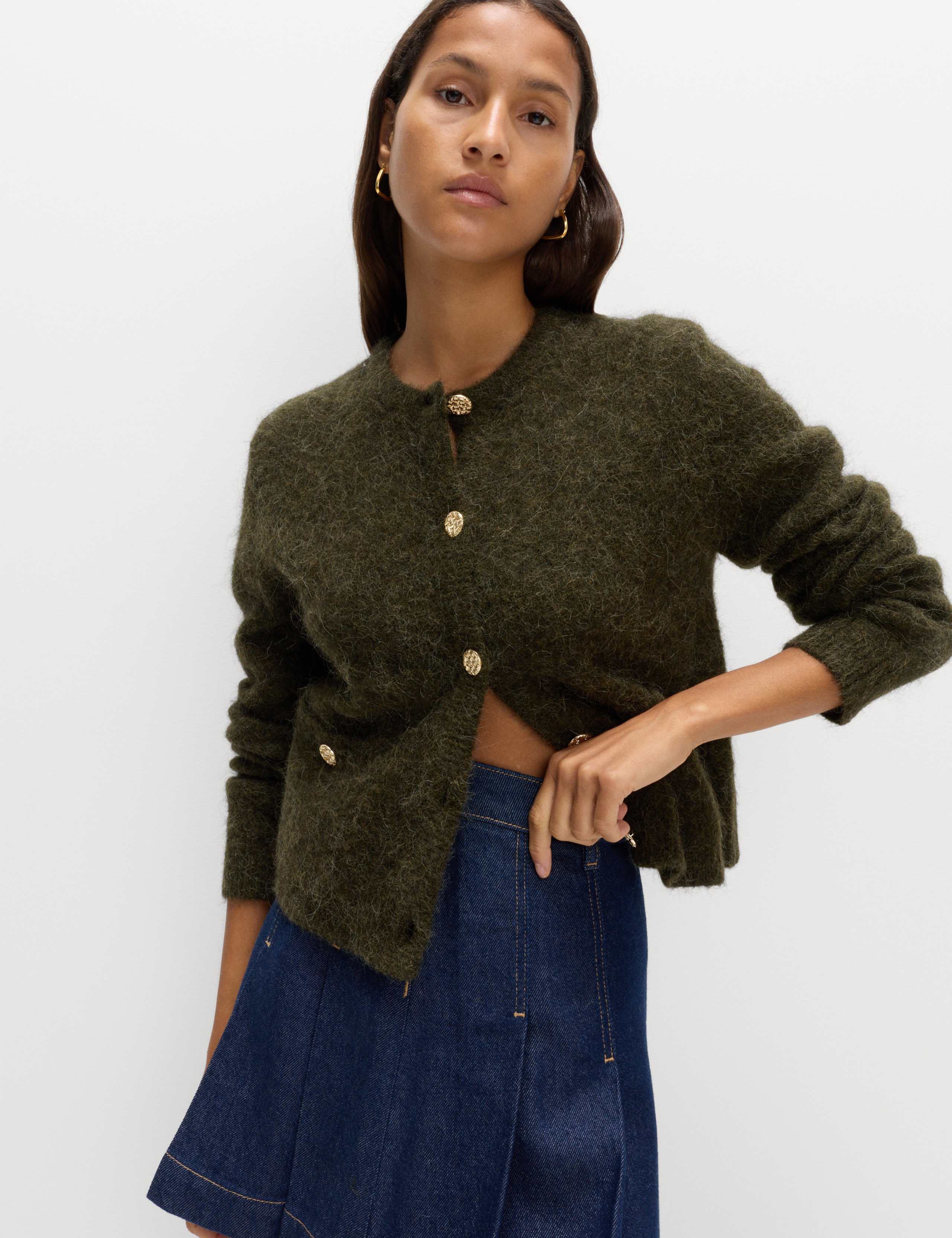 Alpaca Blend Button Front Cropped Cardigan
