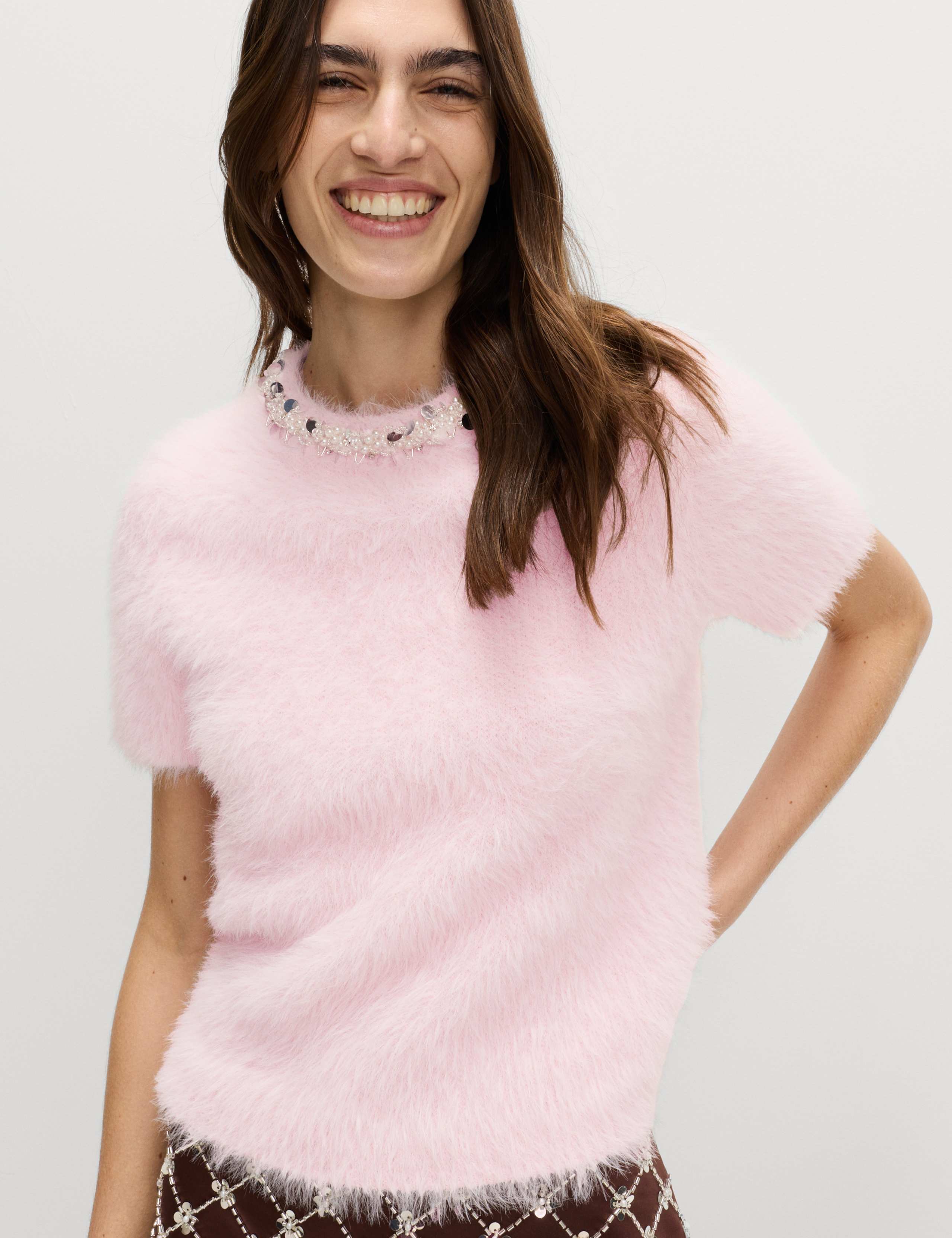 Embellished Crew Neck Fitted Knitted Top