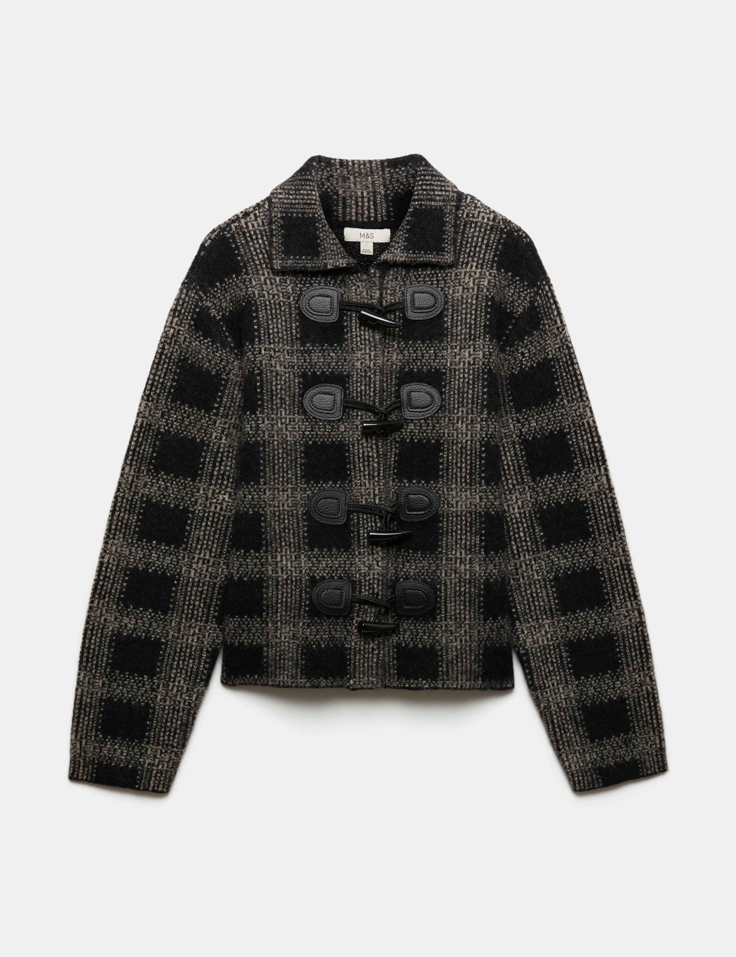 Checked Toggle Knitted Jacket with Wool