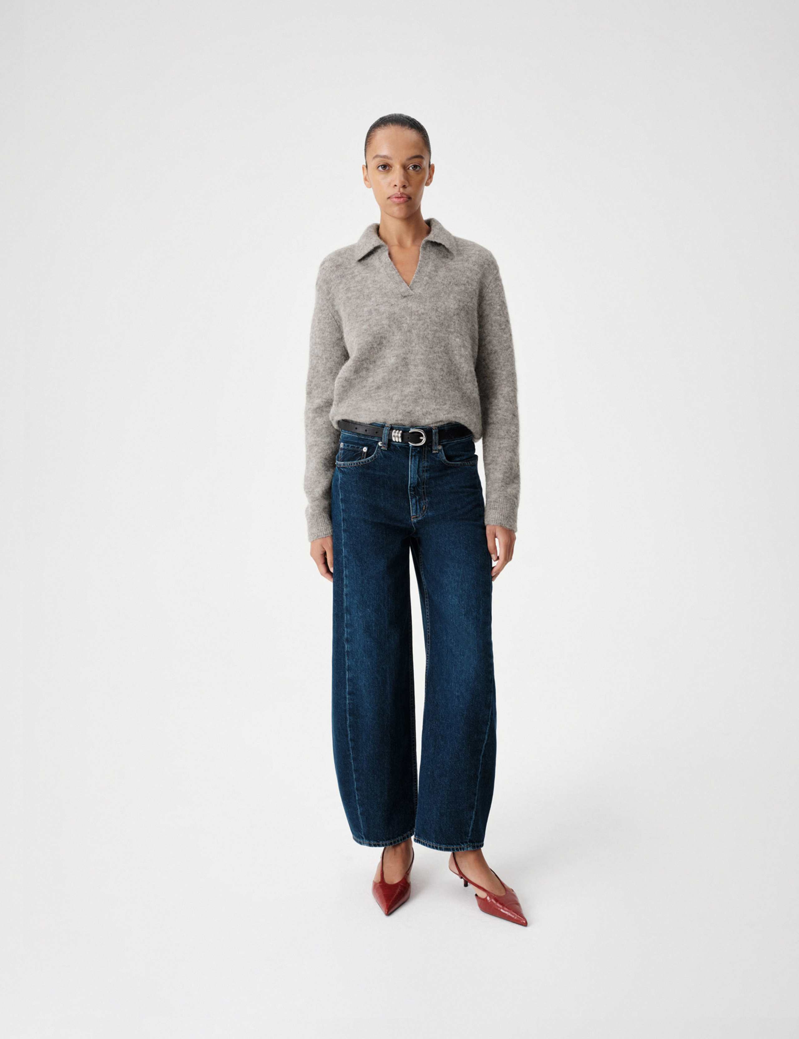 Wool Rich Brushed Collared V-Neck Jumper
