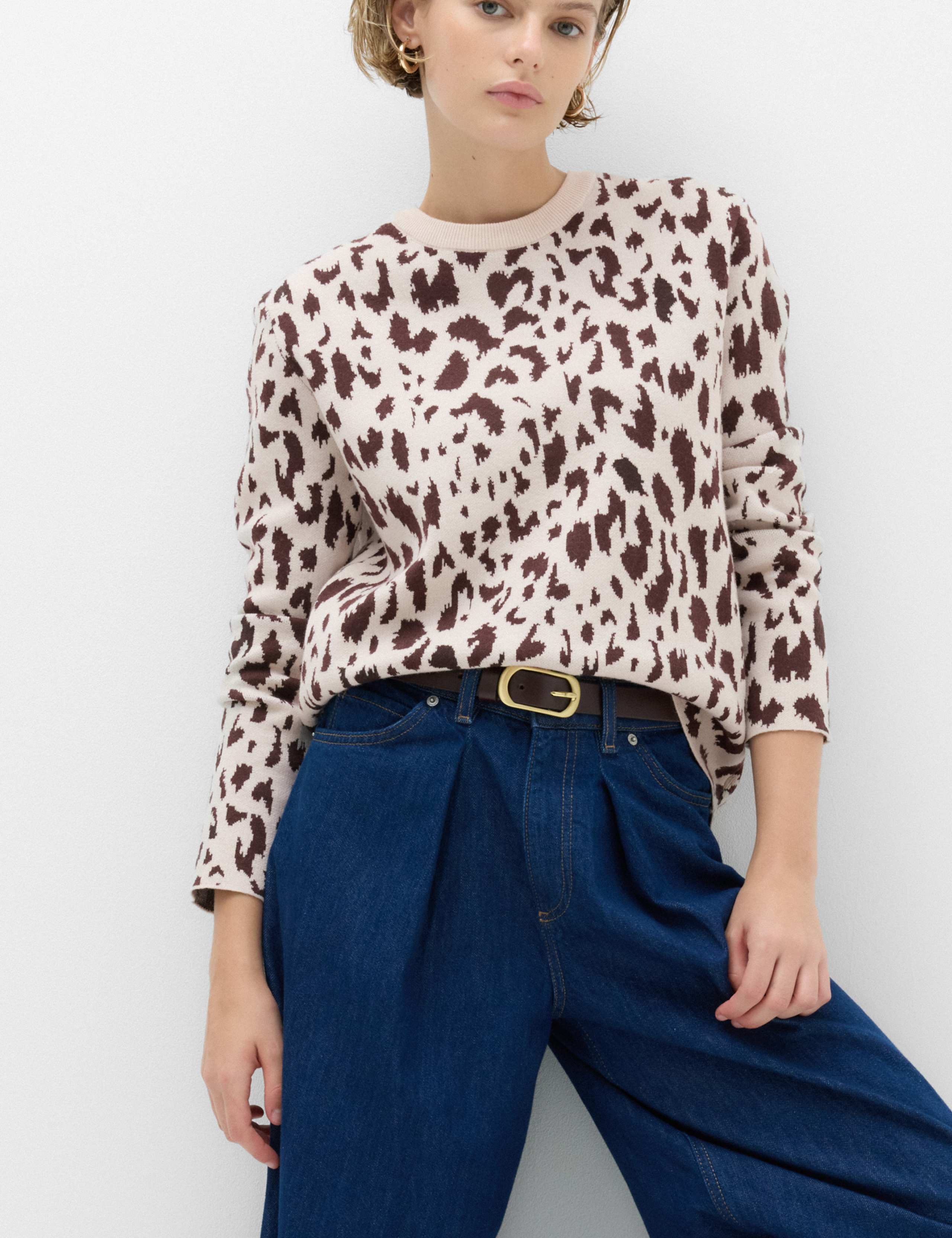 Animal Print Crew Neck Relaxed Jumper with Wool