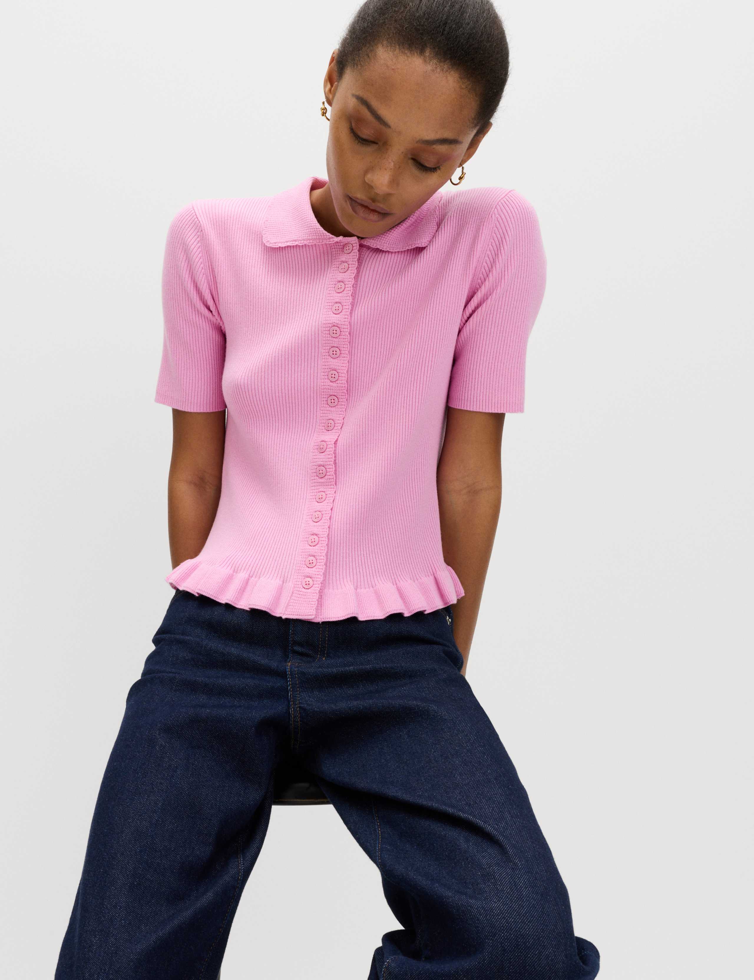 Ribbed Frill Detail Collared Cardigan