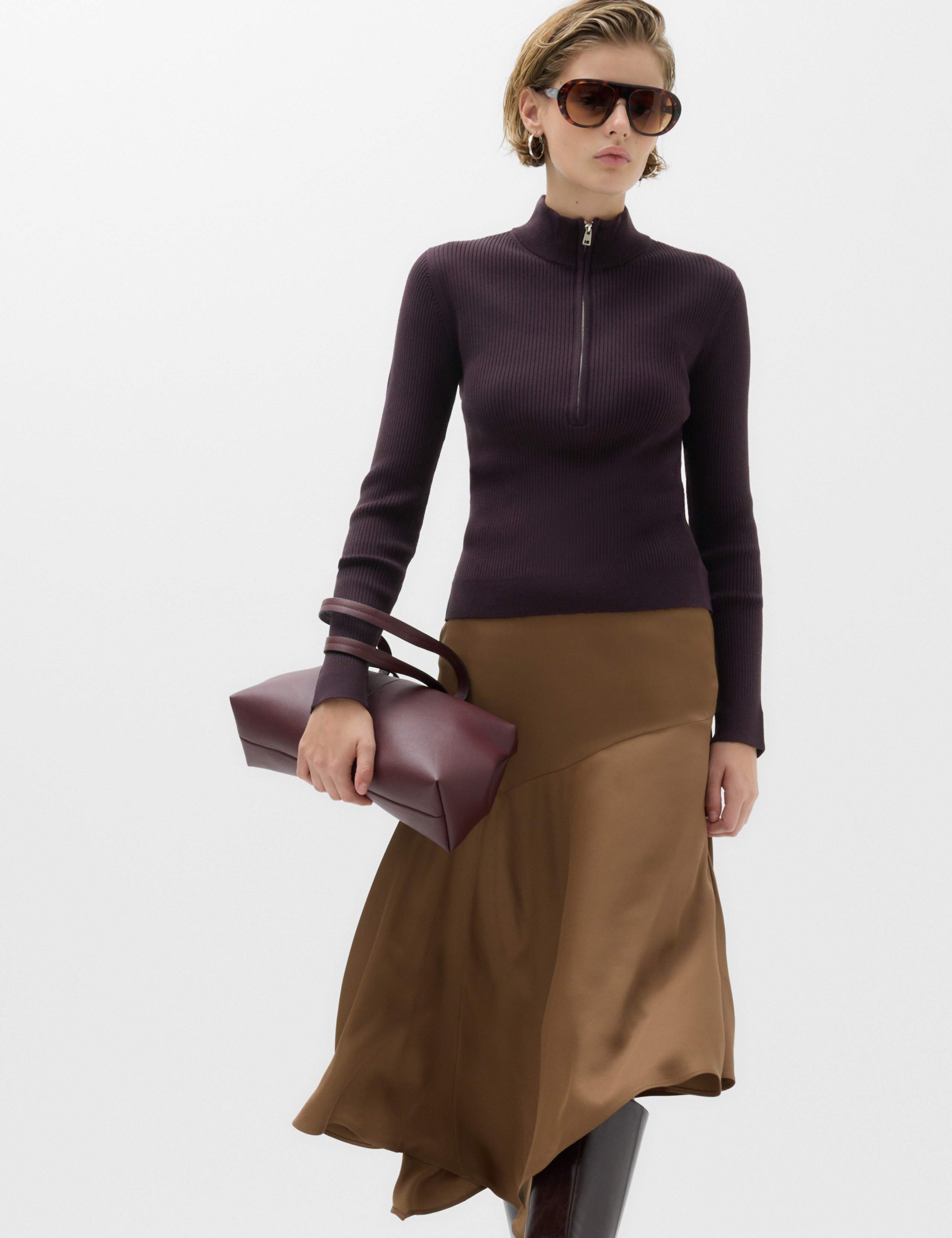 Ribbed Textured Half Zip Fitted Knitted Top
