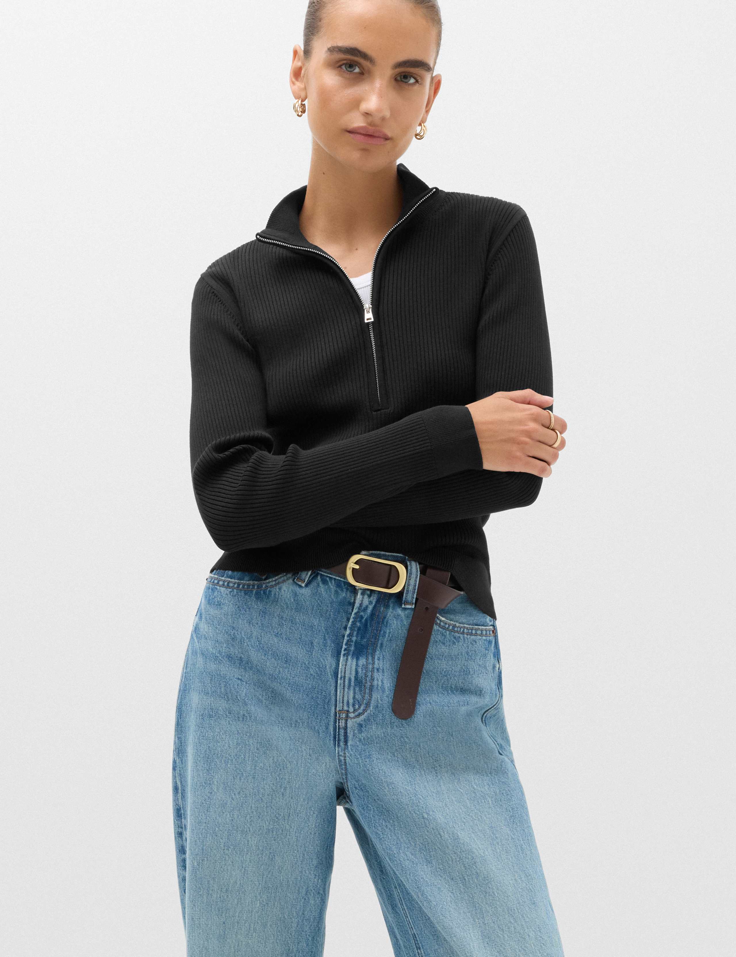 Ribbed Textured Half Zip Fitted Knitted Top