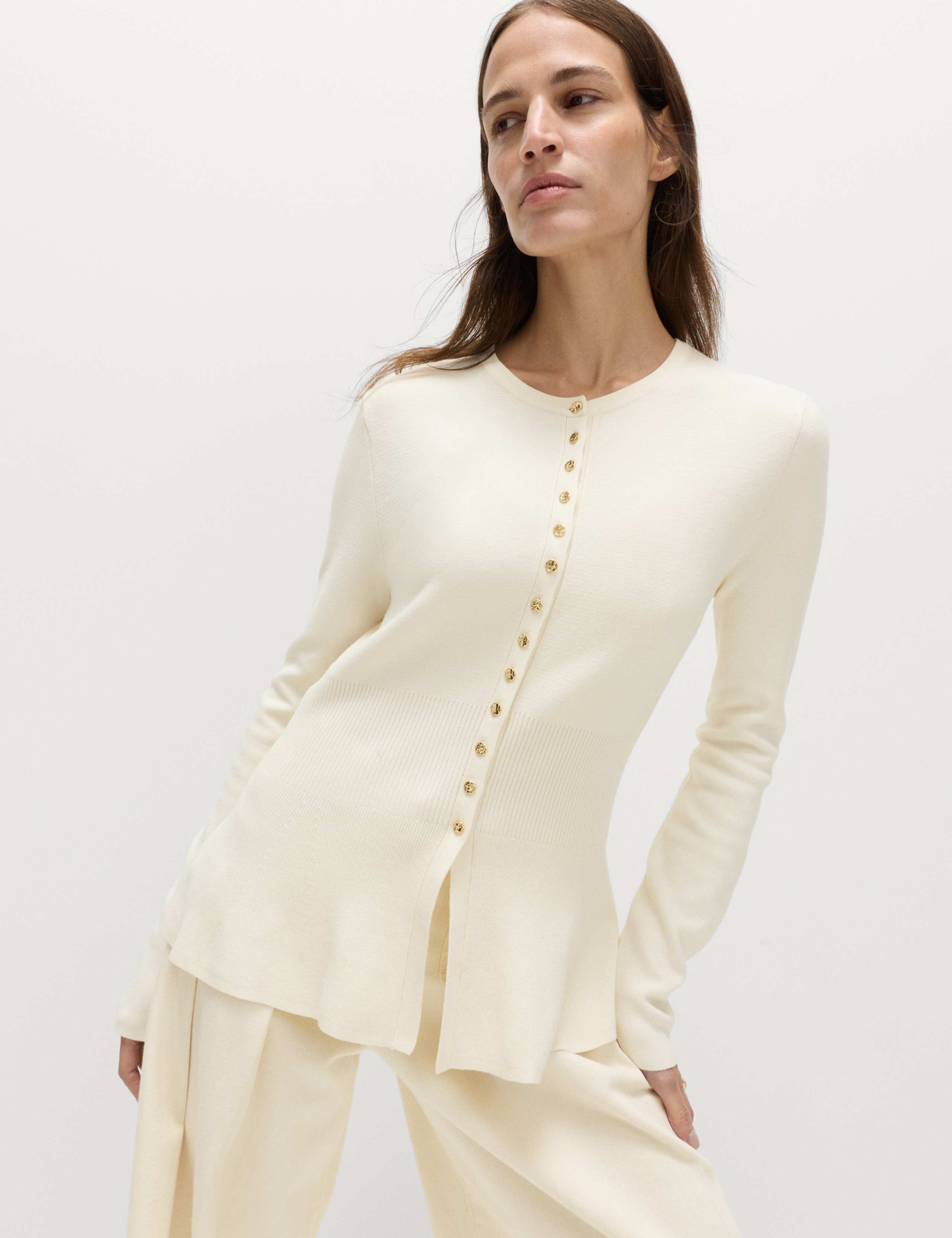 Crew Neck Peplum Slim Fit Cardigan