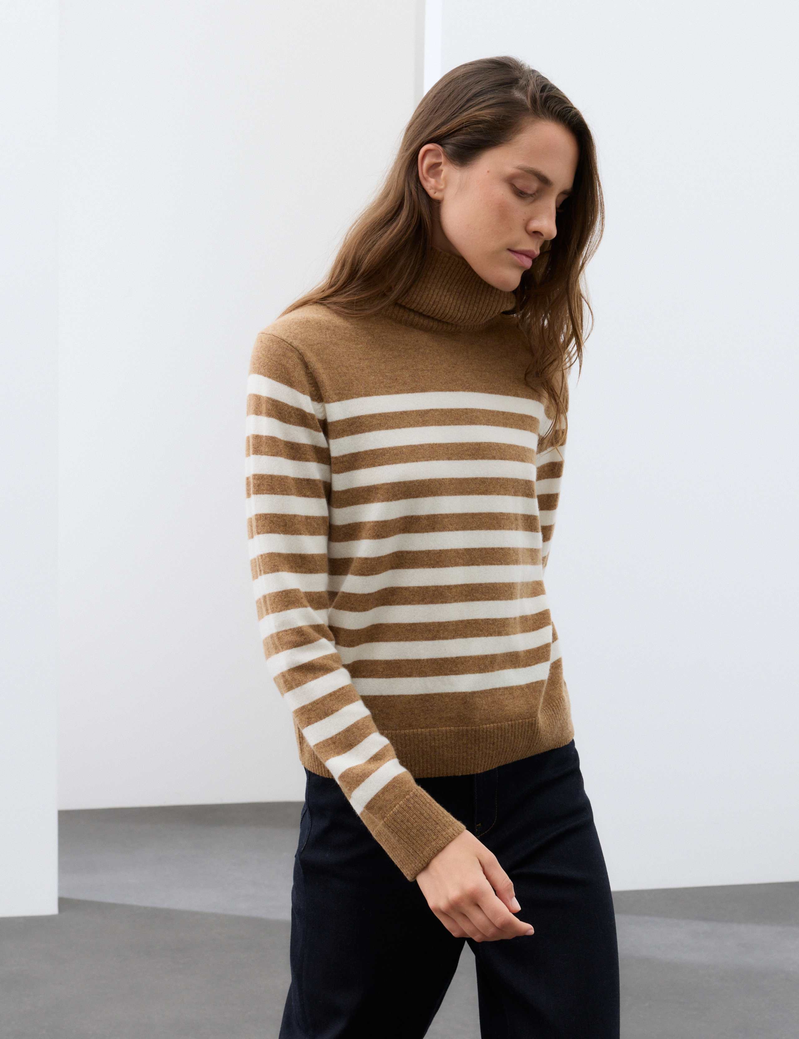 Pure Cashmere Striped Roll Neck Jumper