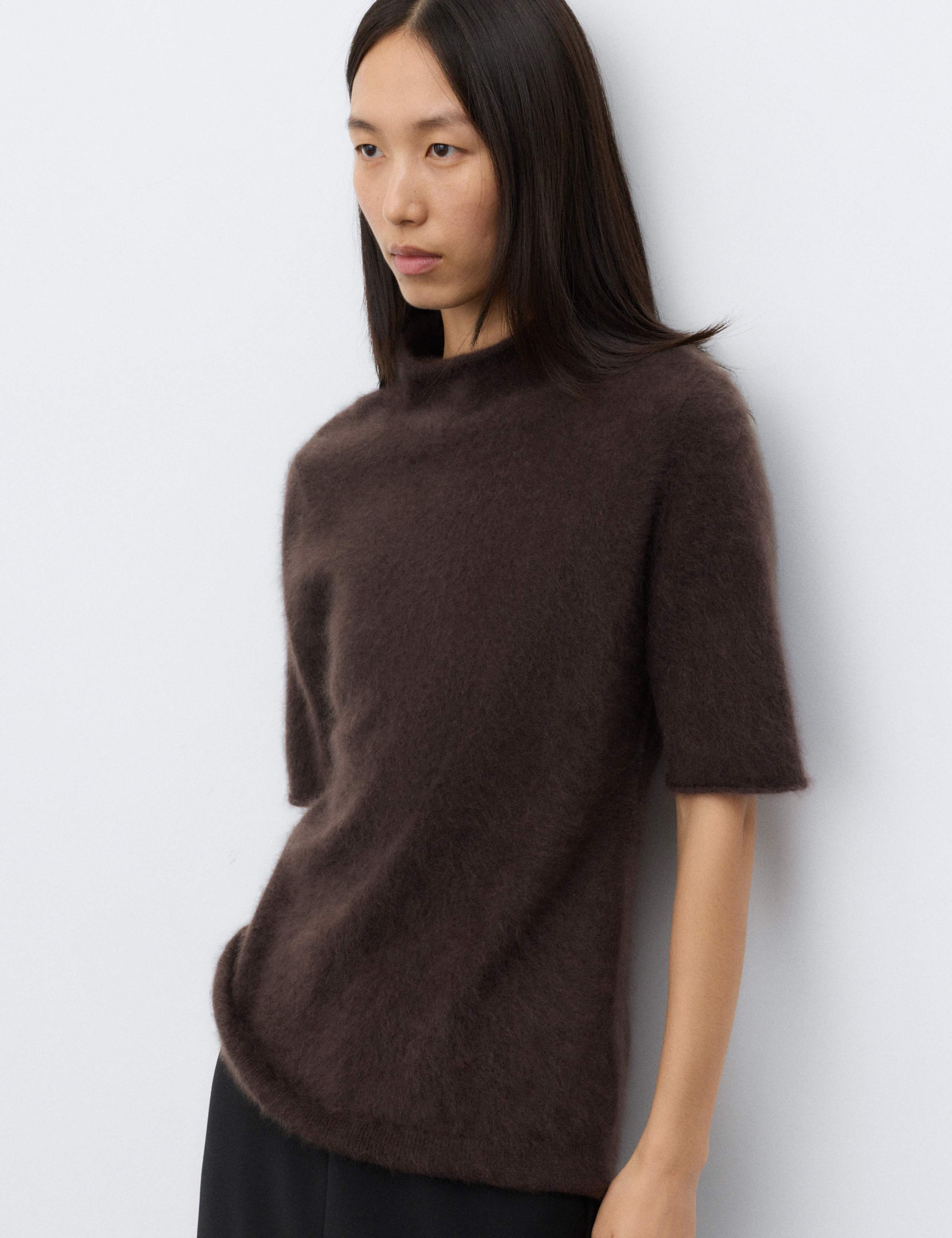 Brushed Pure Cashmere Funnel Neck Knitted Top