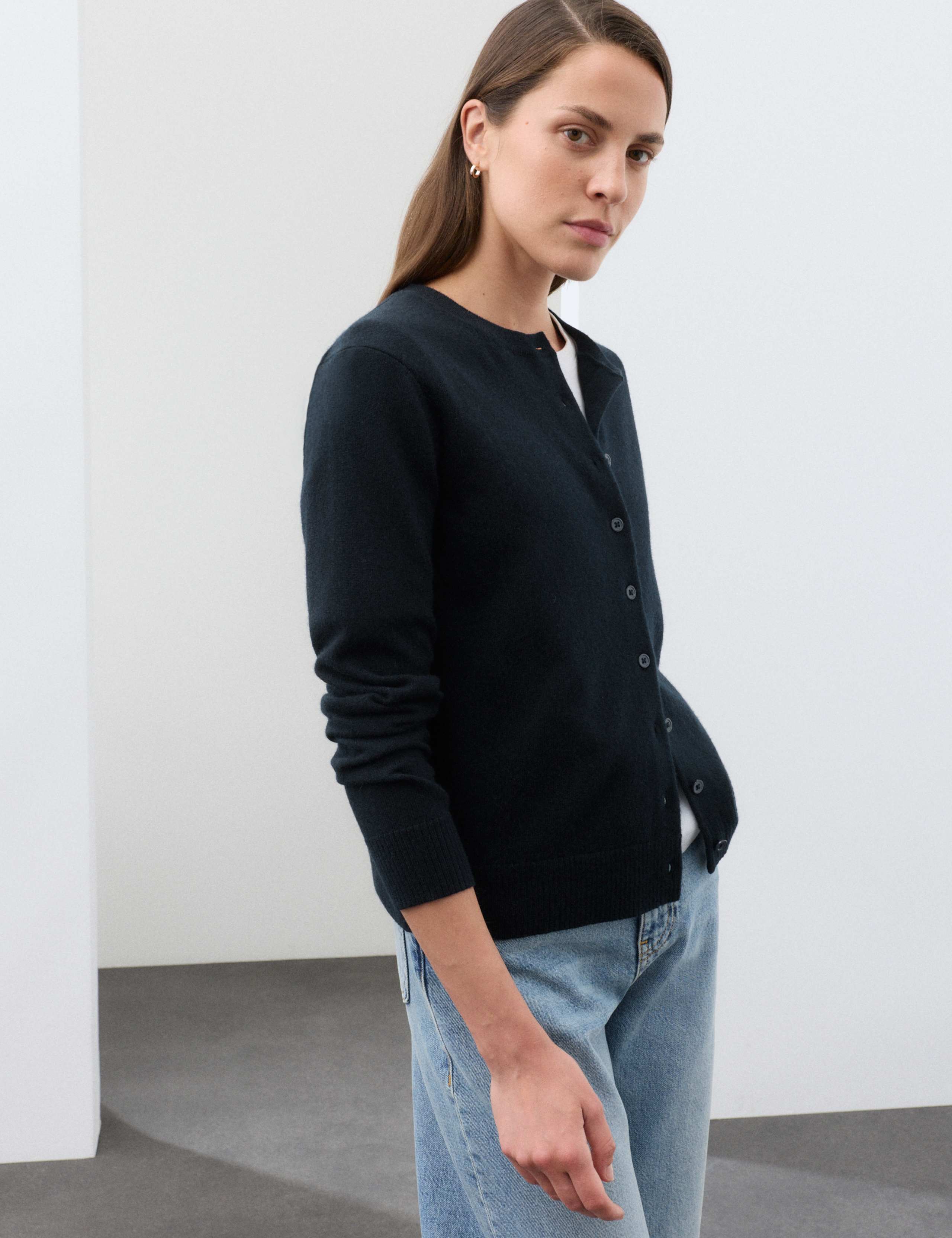 Pure Cashmere Crew Neck Button Front Cardigan