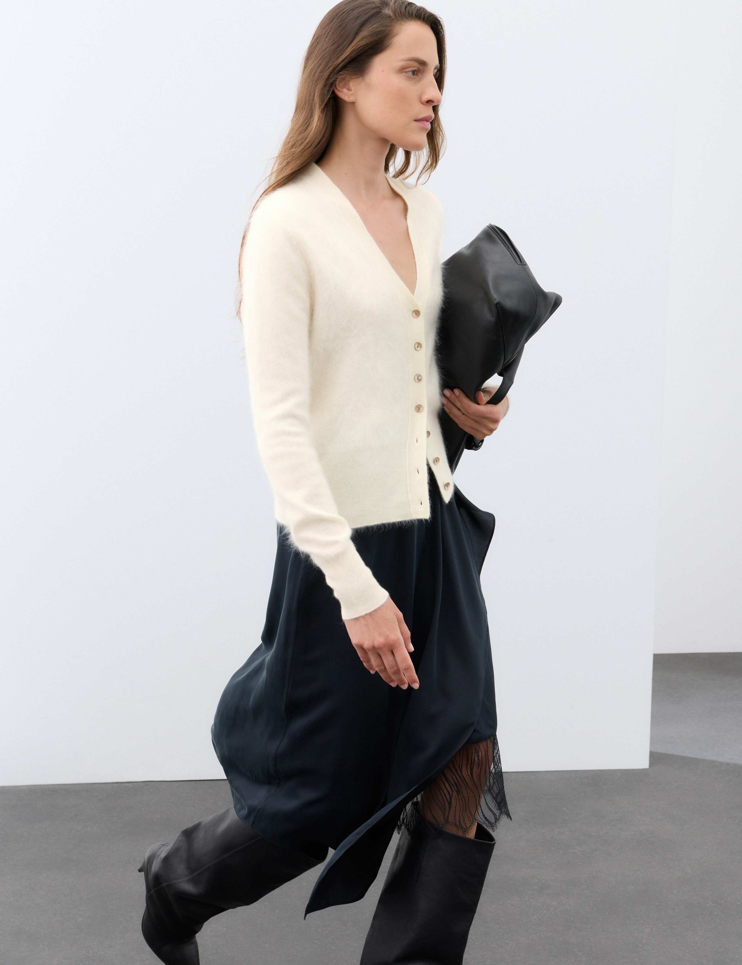 Brushed Pure Cashmere V Neck Slim Cardigan