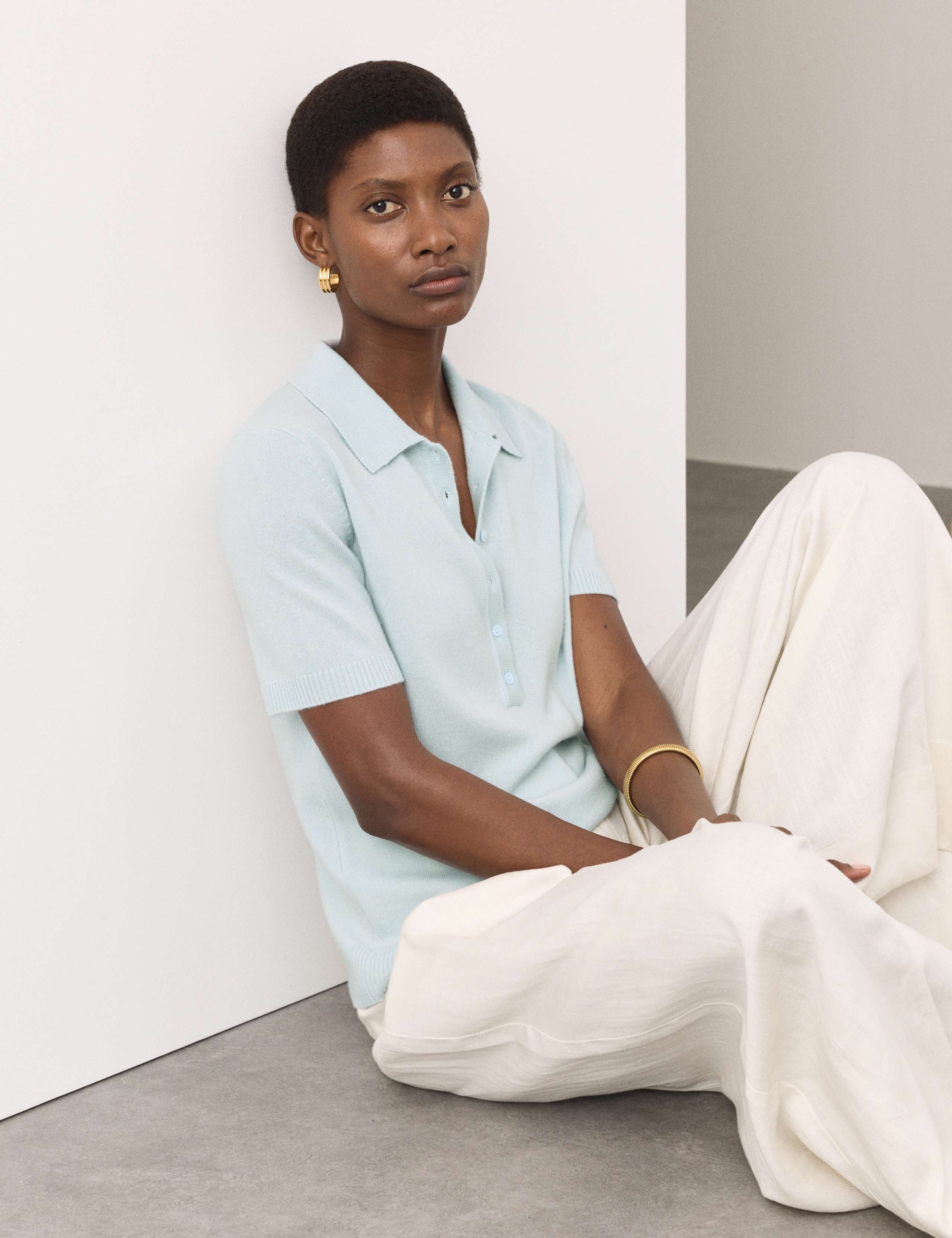 Merino Wool Rich Polo Neck Knitted Top with Cashmere