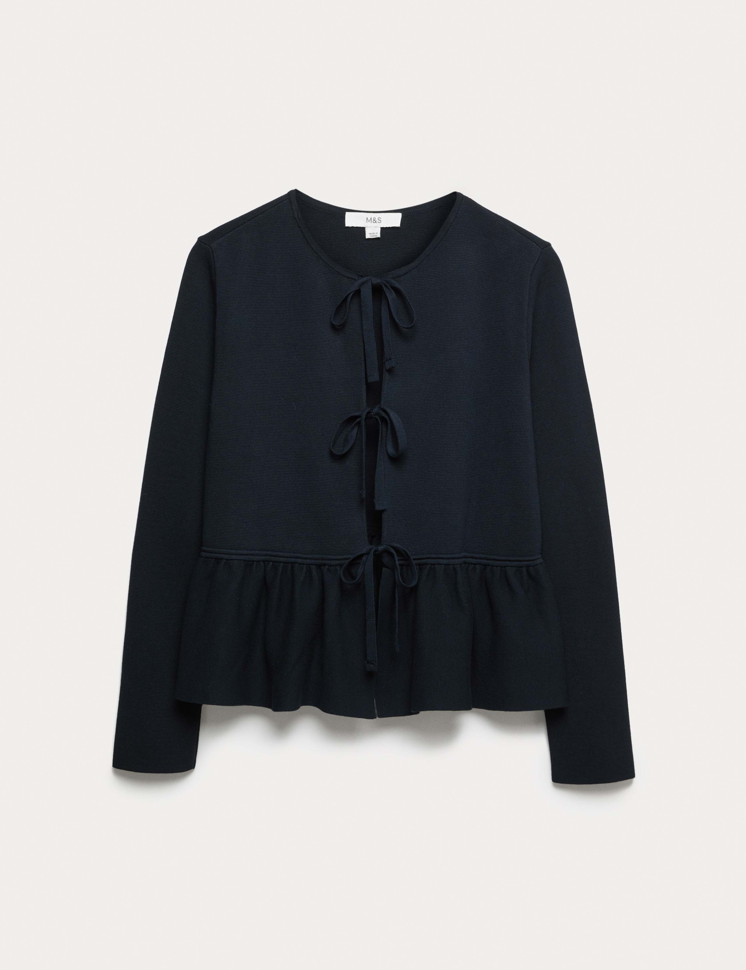 Ribbed Peplum Tie Front Cardigan