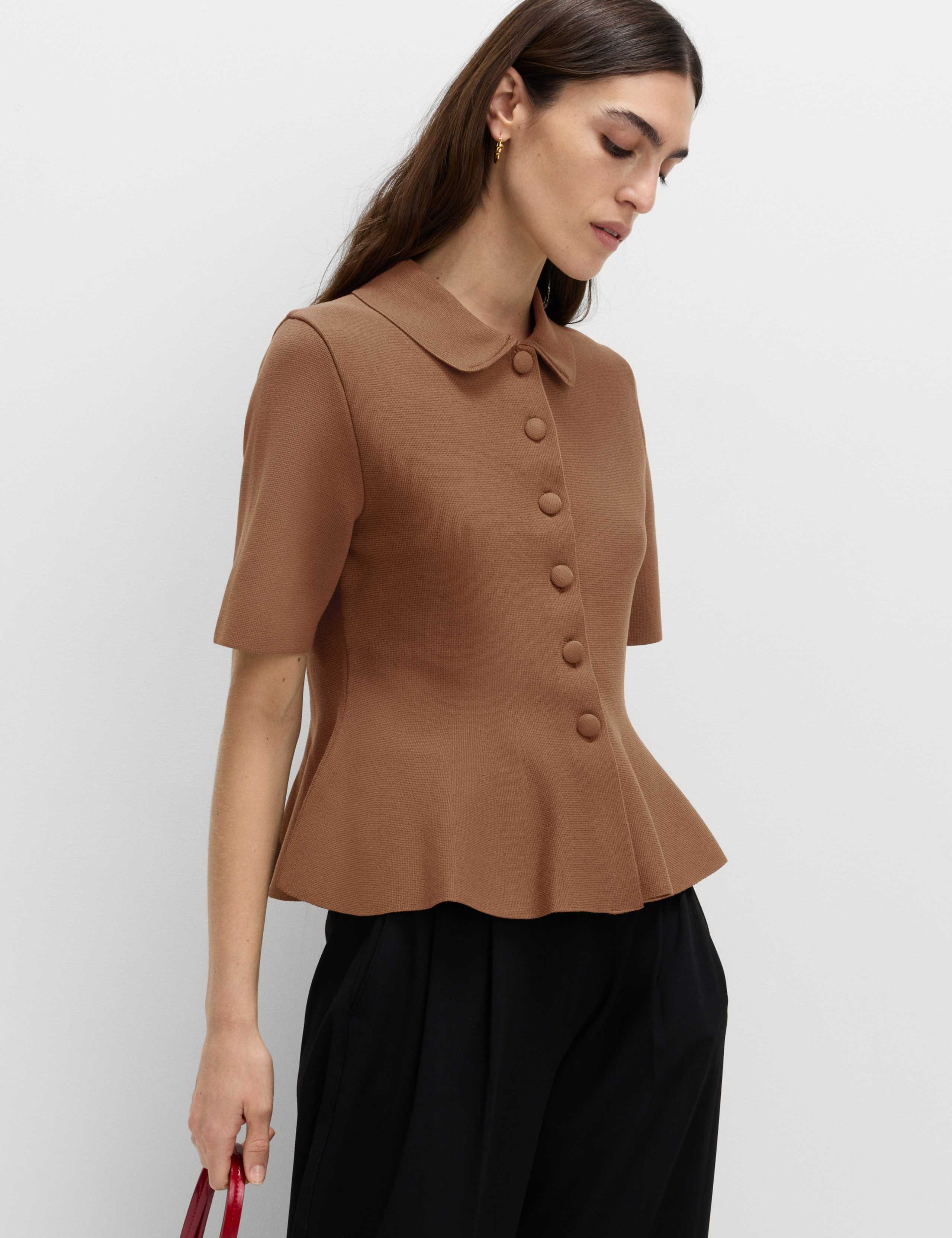 Peplum Collared Button Through Knitted Top