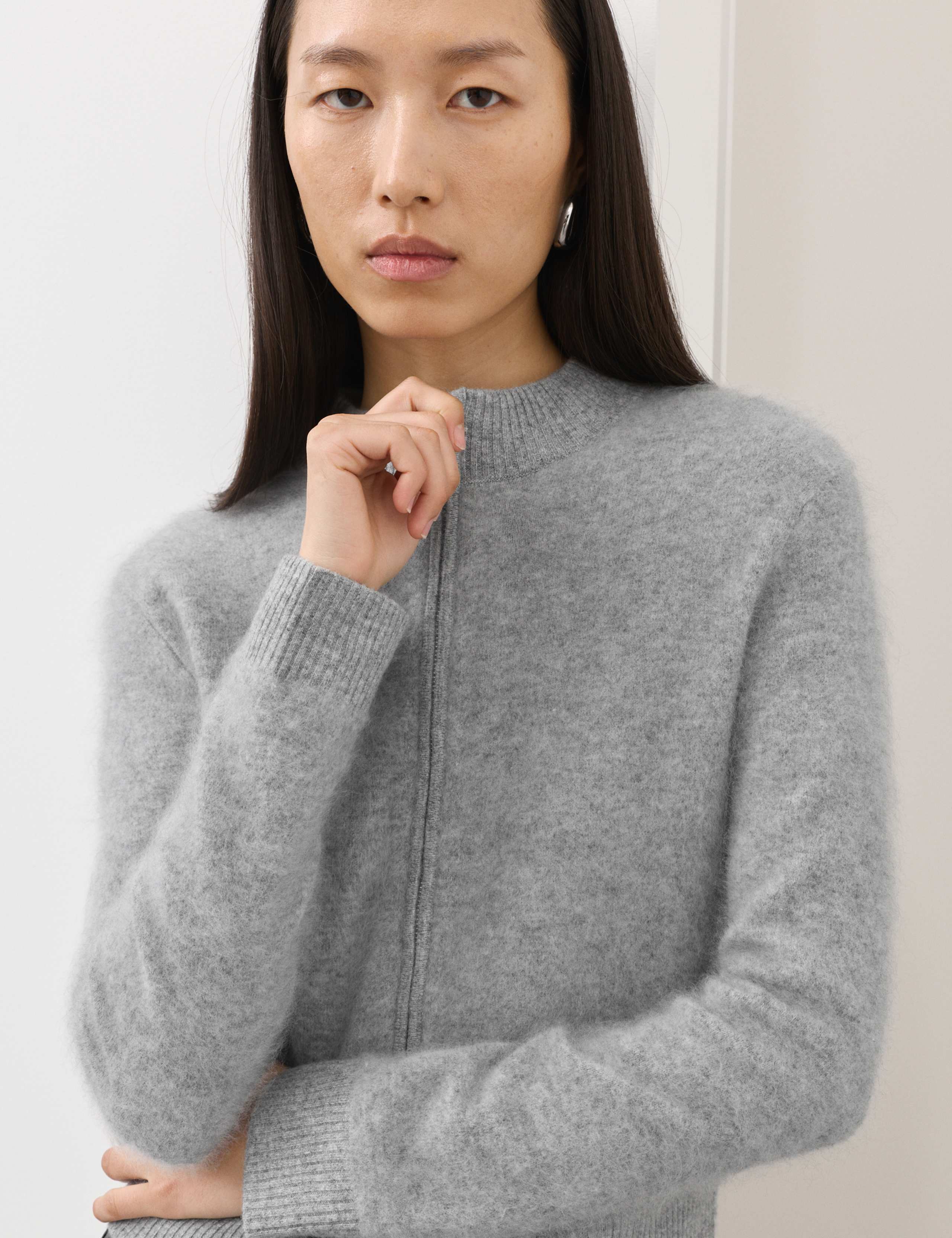 Wool Rich Brushed Zip Up Cardigan with Cashmere