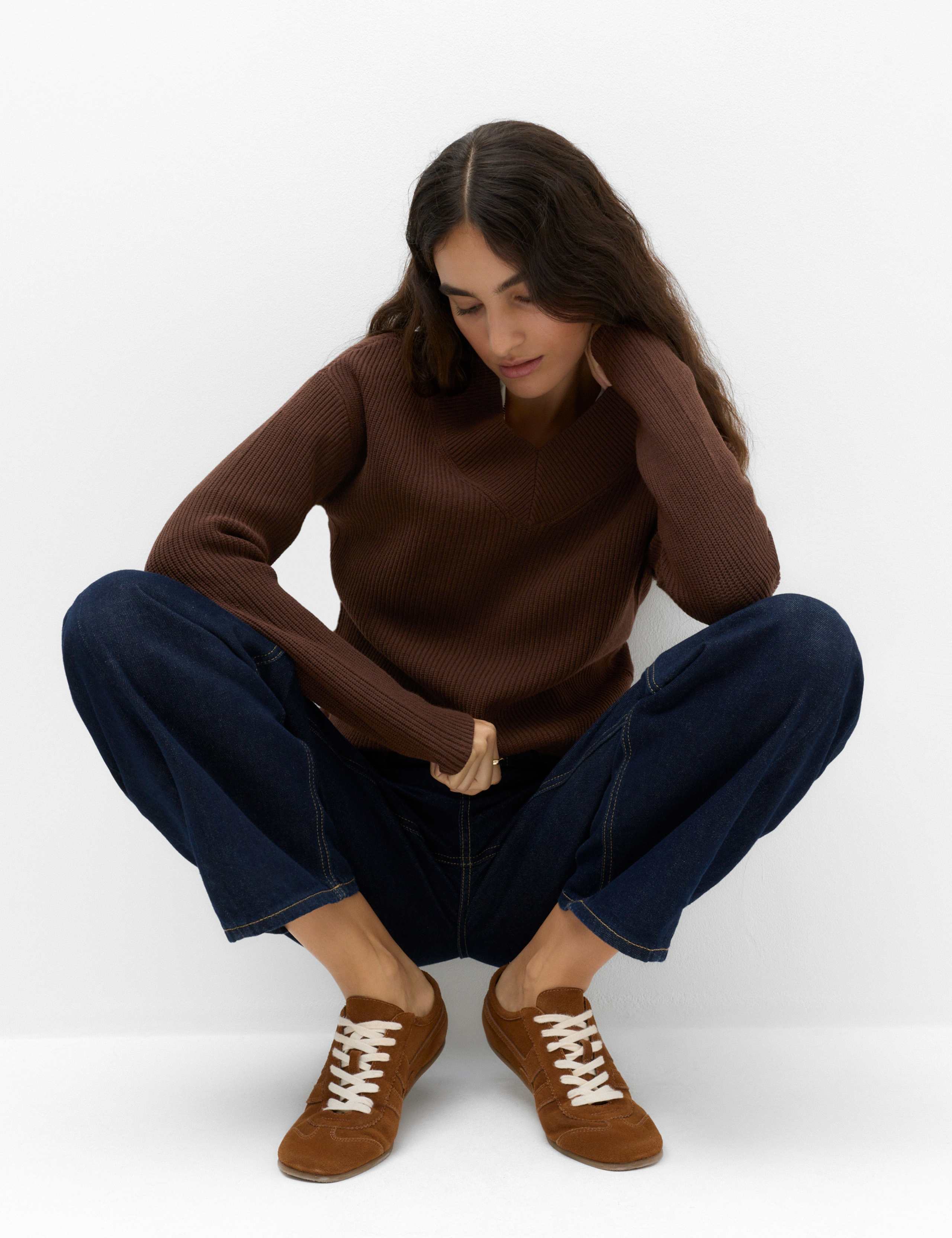 Ribbed V-Neck Longline Jumper