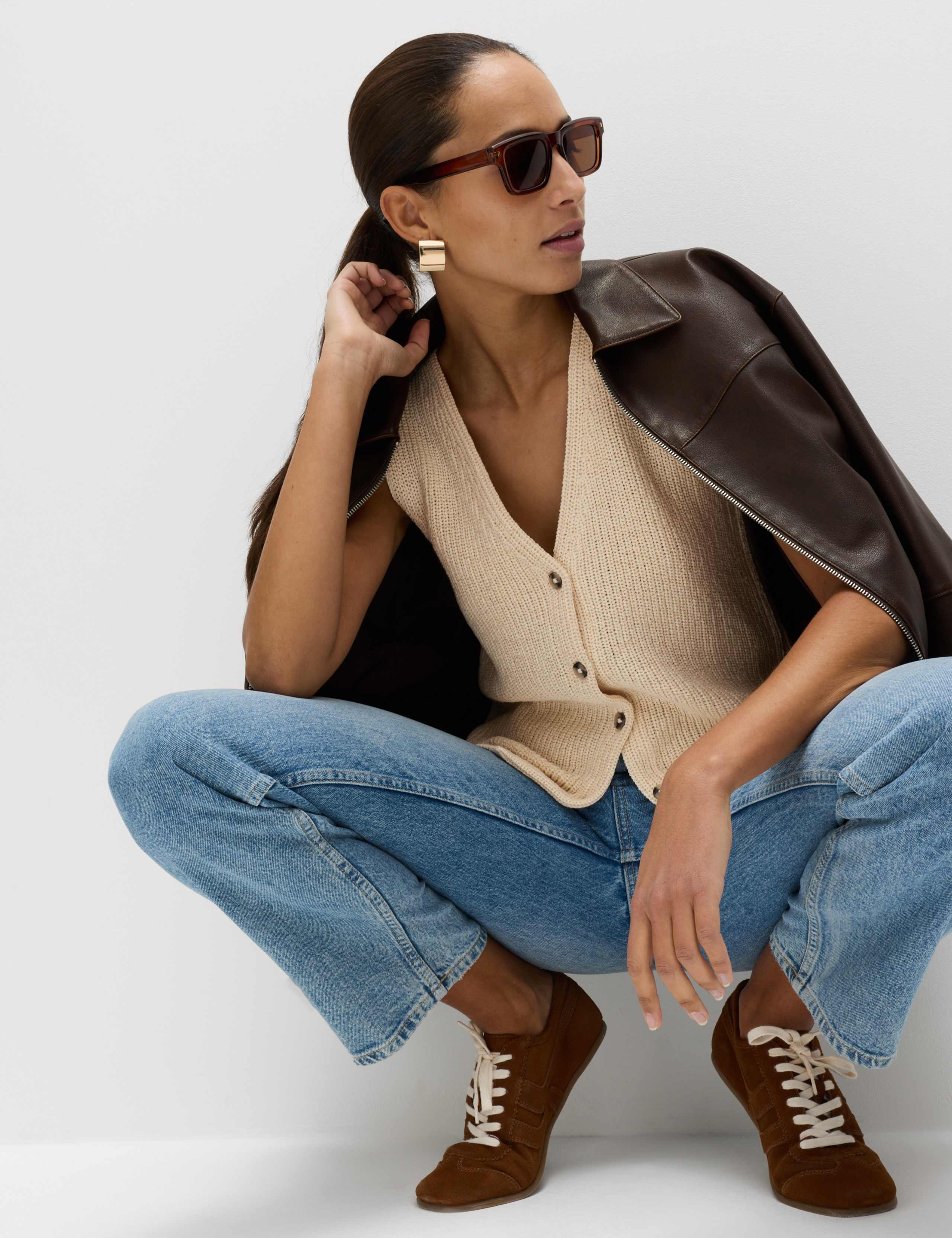 Cotton Blend Ribbed Knitted Waistcoat