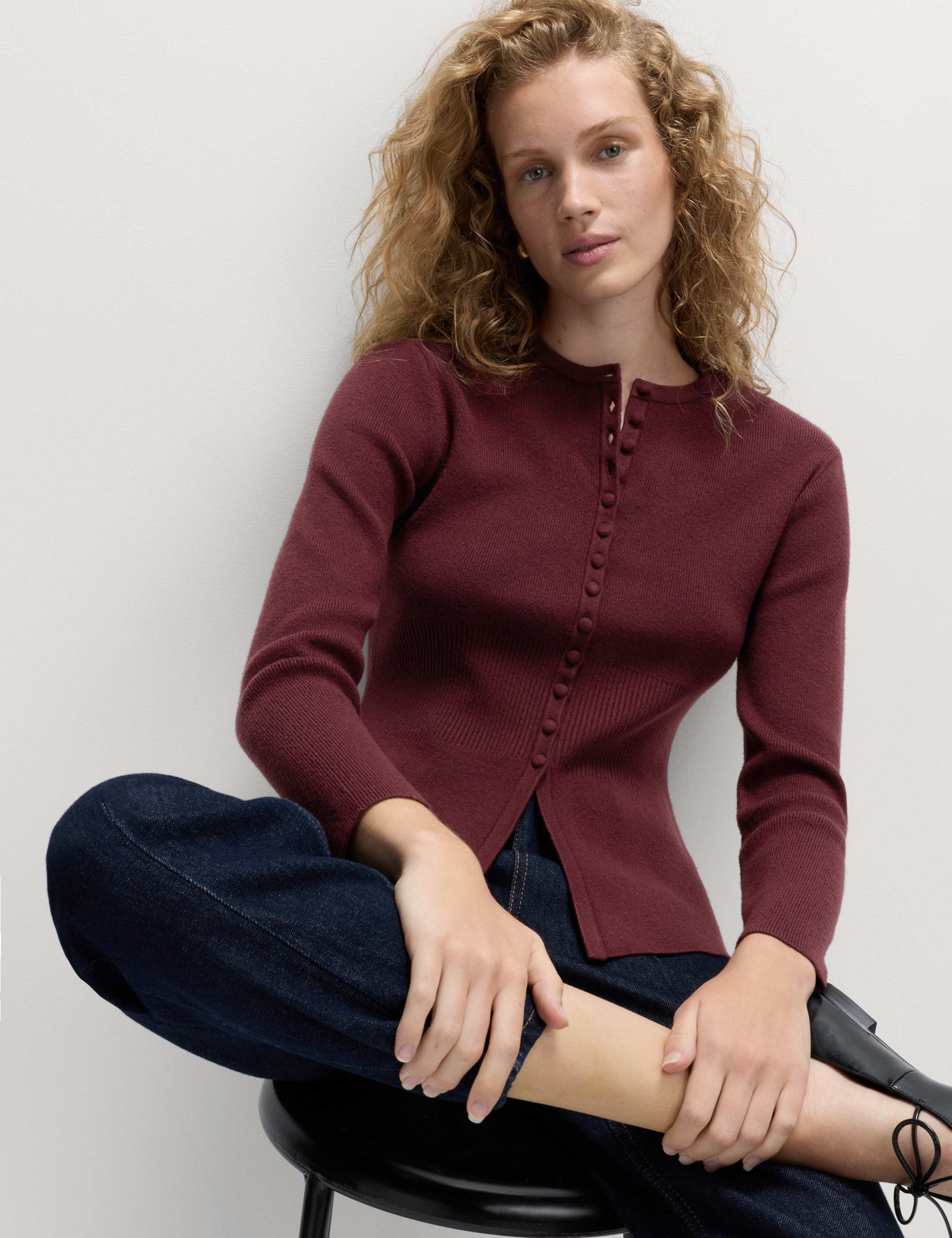 Soft Touch Crew Neck Peplum Fitted Cardigan