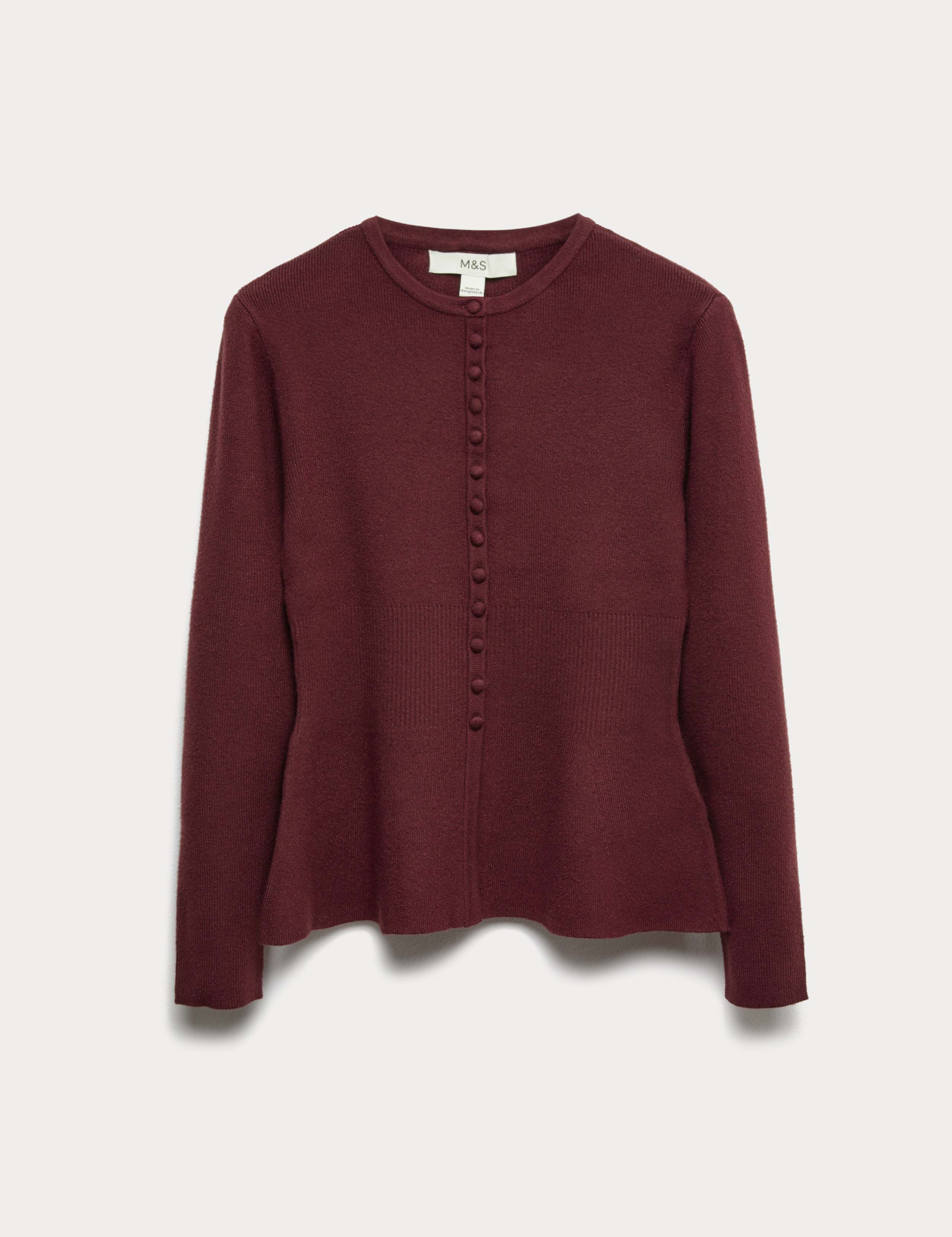 Soft Touch Crew Neck Peplum Fitted Cardigan