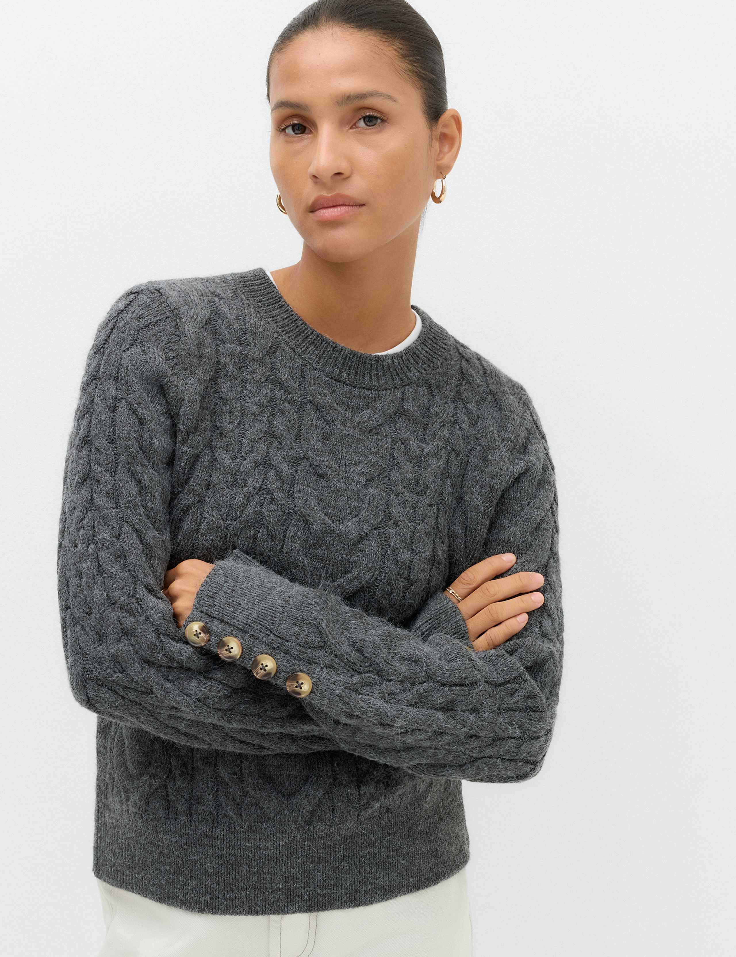 Crew Neck Cable Knit Button Detail Jumper