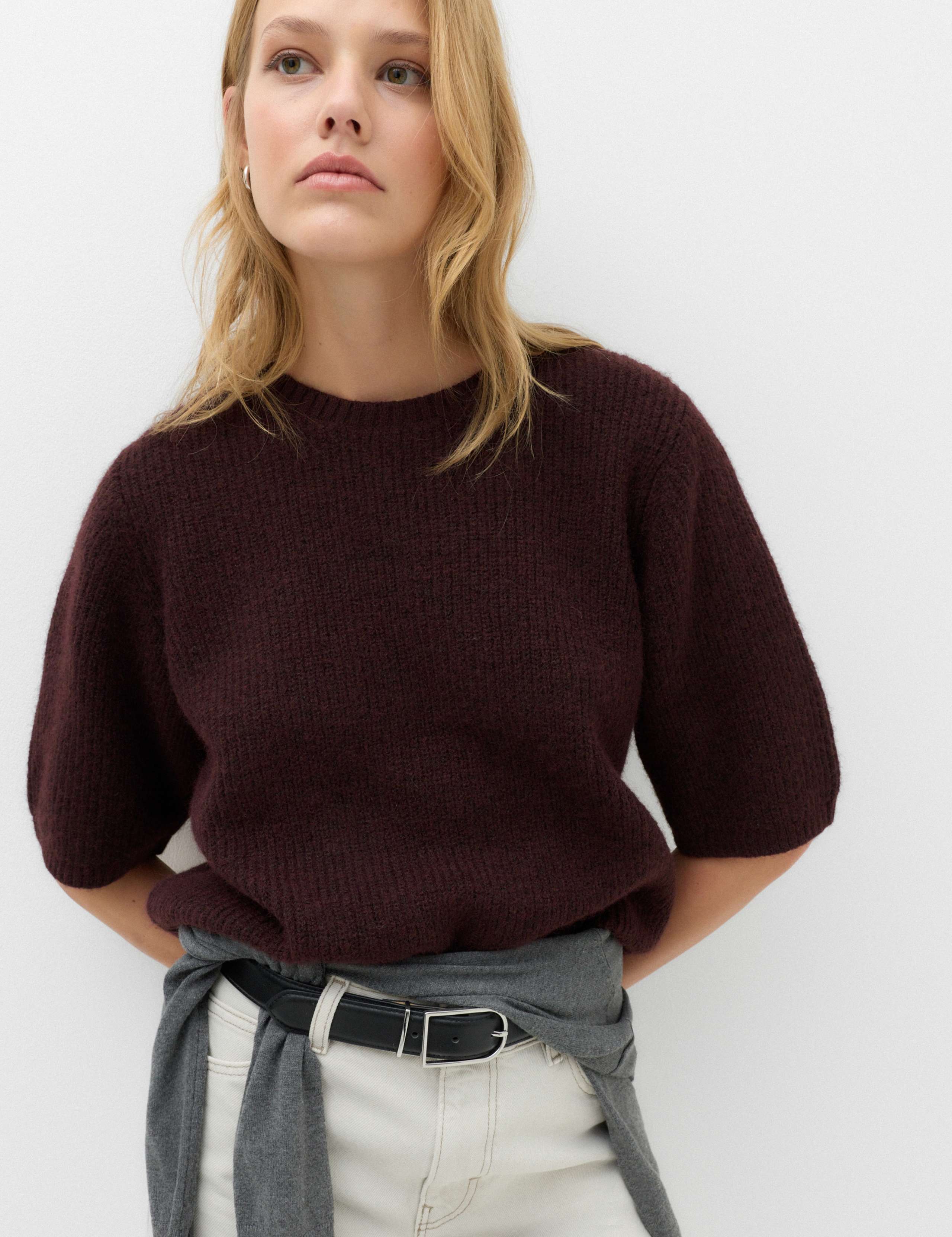 Ribbed Crew Neck Relaxed Knitted Top with Wool