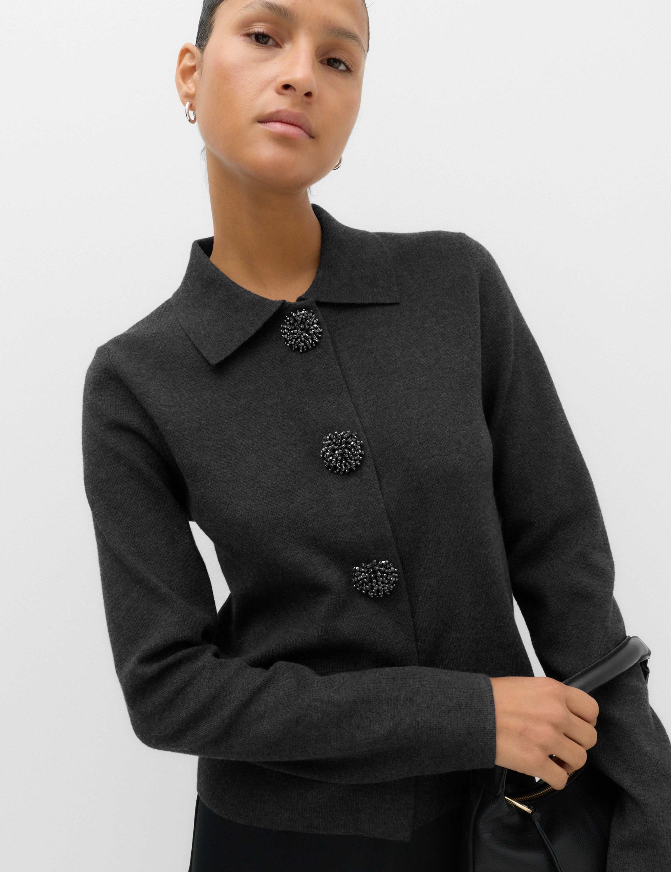 Embellished Collared Cardigan With Wool
