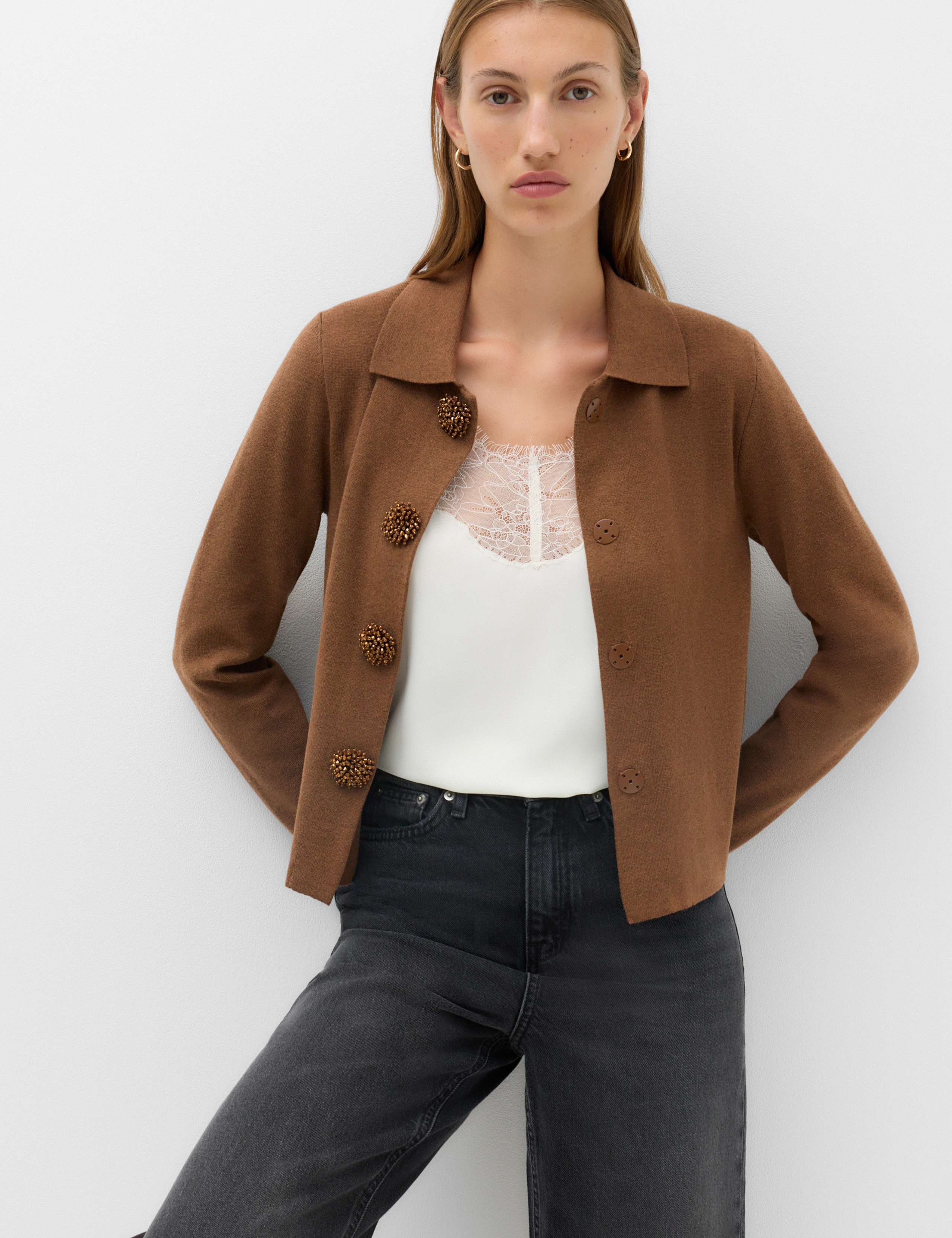 Embellished Collared Cardigan With Wool