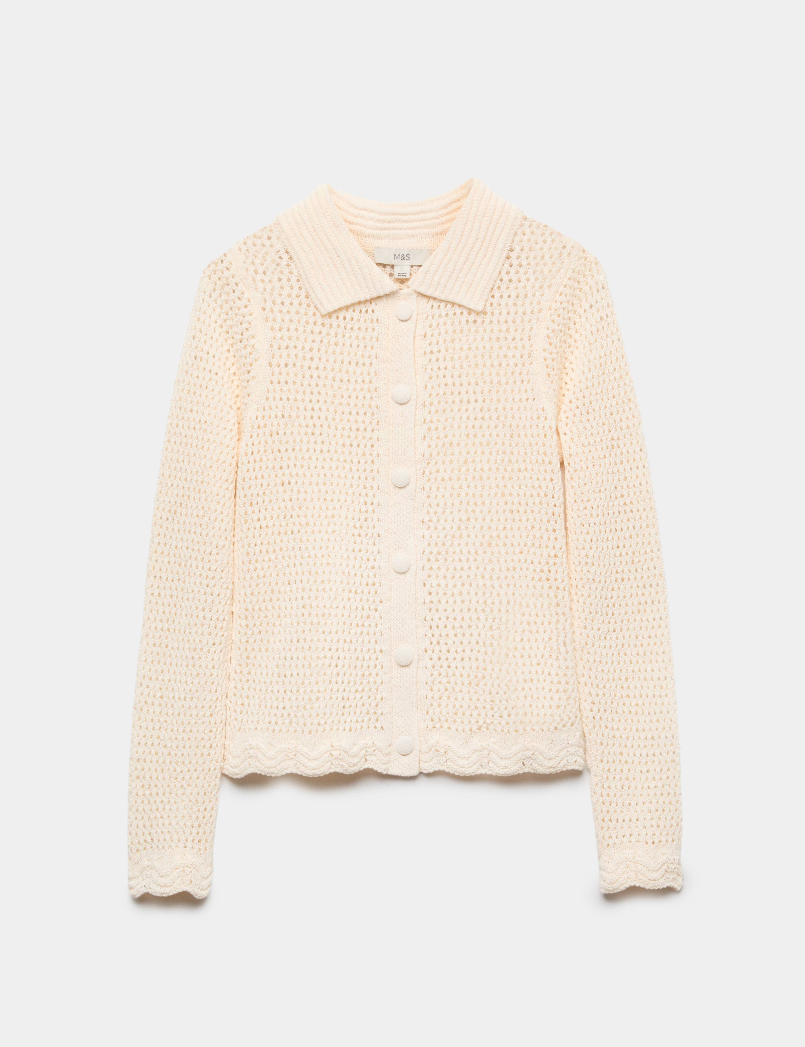 Cotton Blend Crochet-Style Collared Cardigan