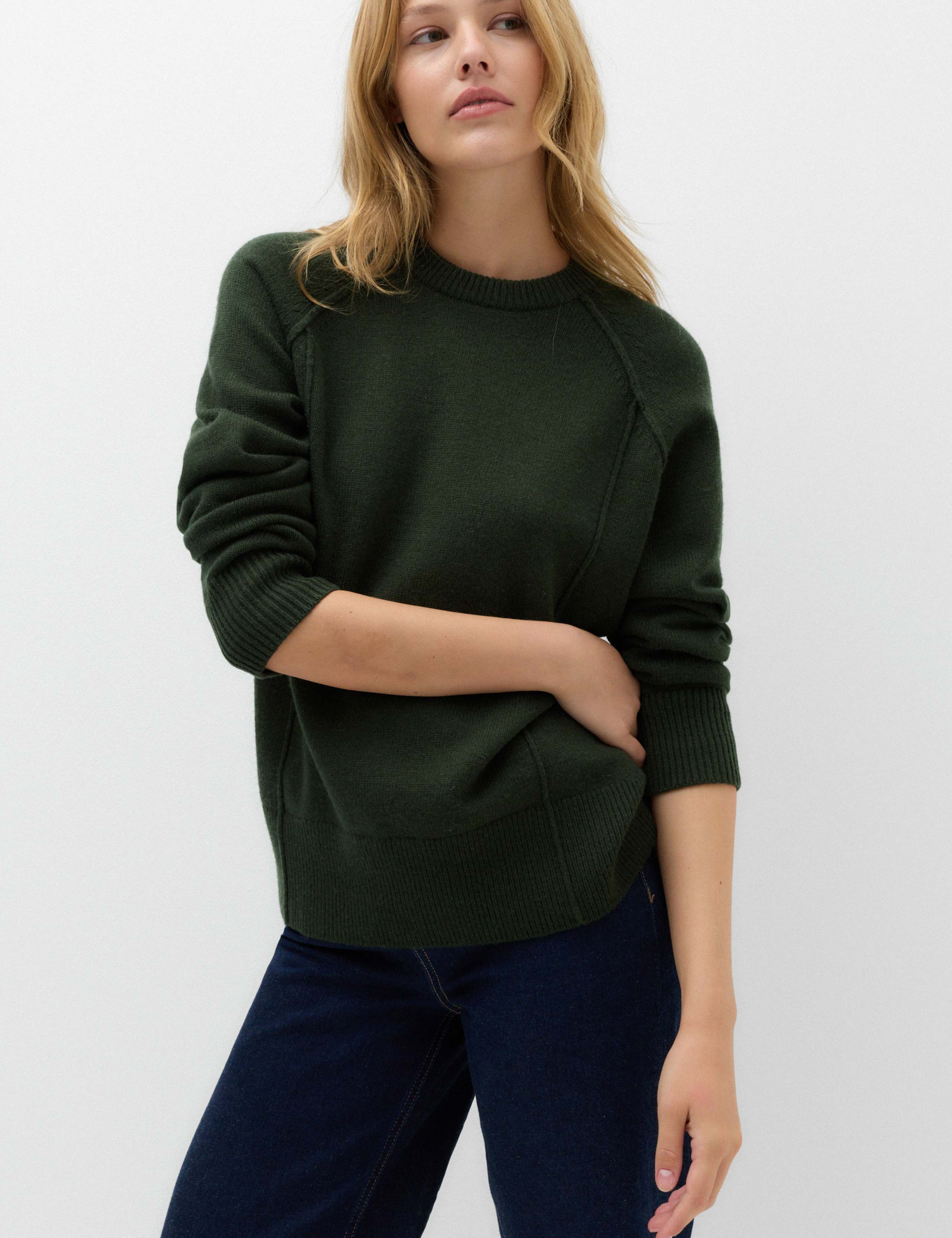 Lambswool Blend Crew Neck Seam Detail Relaxed Fit Jumper